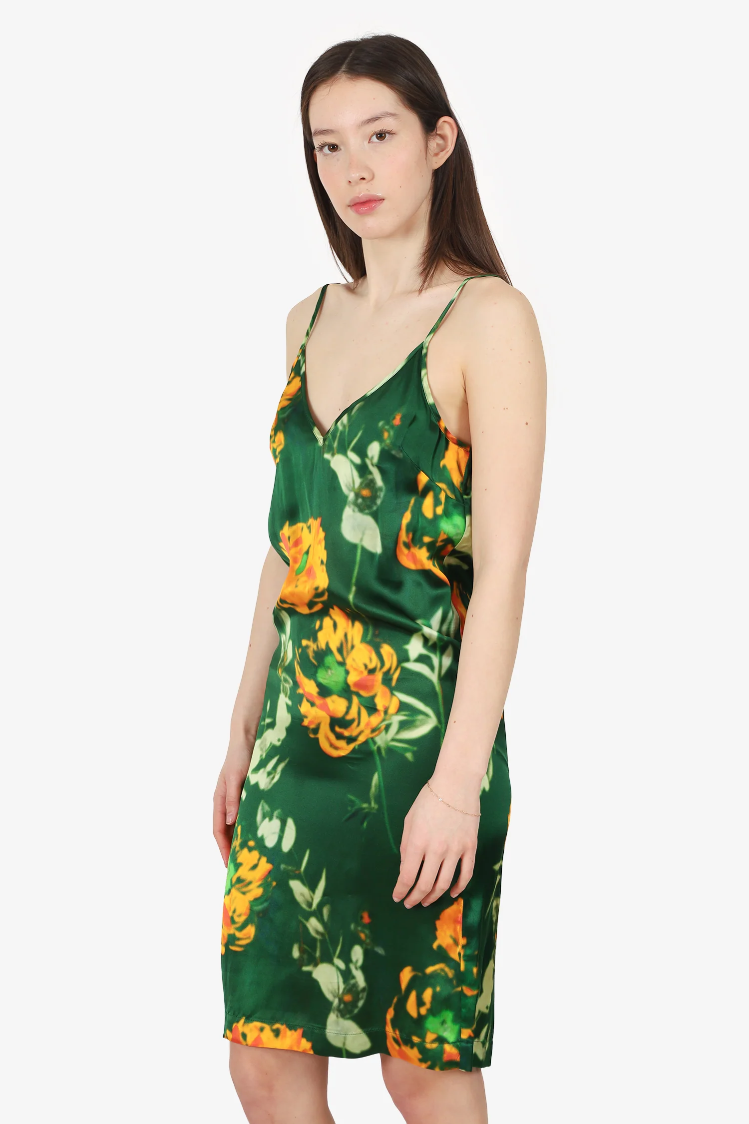 Dries Van Noten Green/Orange Satin Slip Dress Size 34