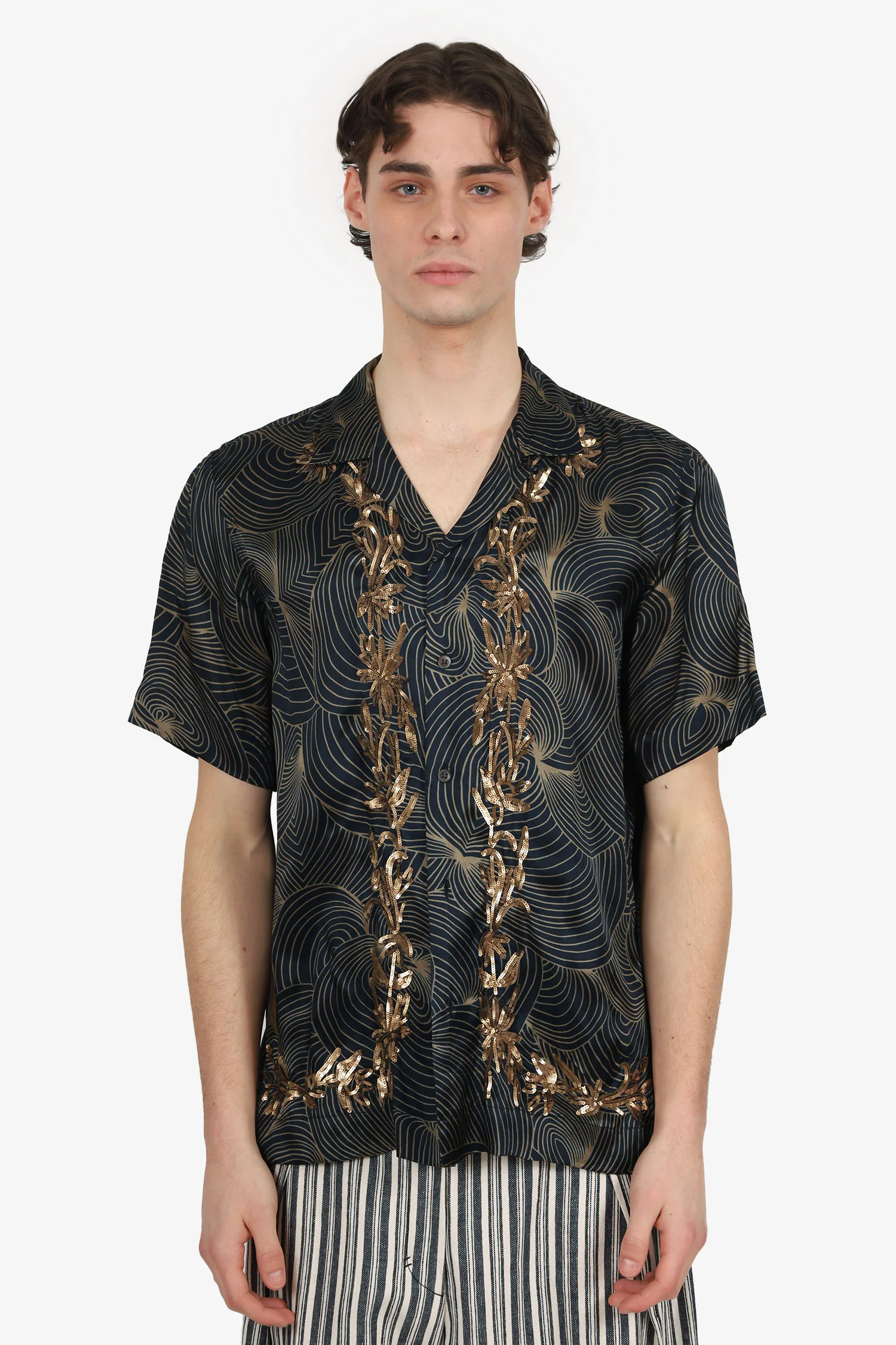 Dries Van Noten Black/Gold Sequined Printed Short Sleeve Shirt Size 48 Mens