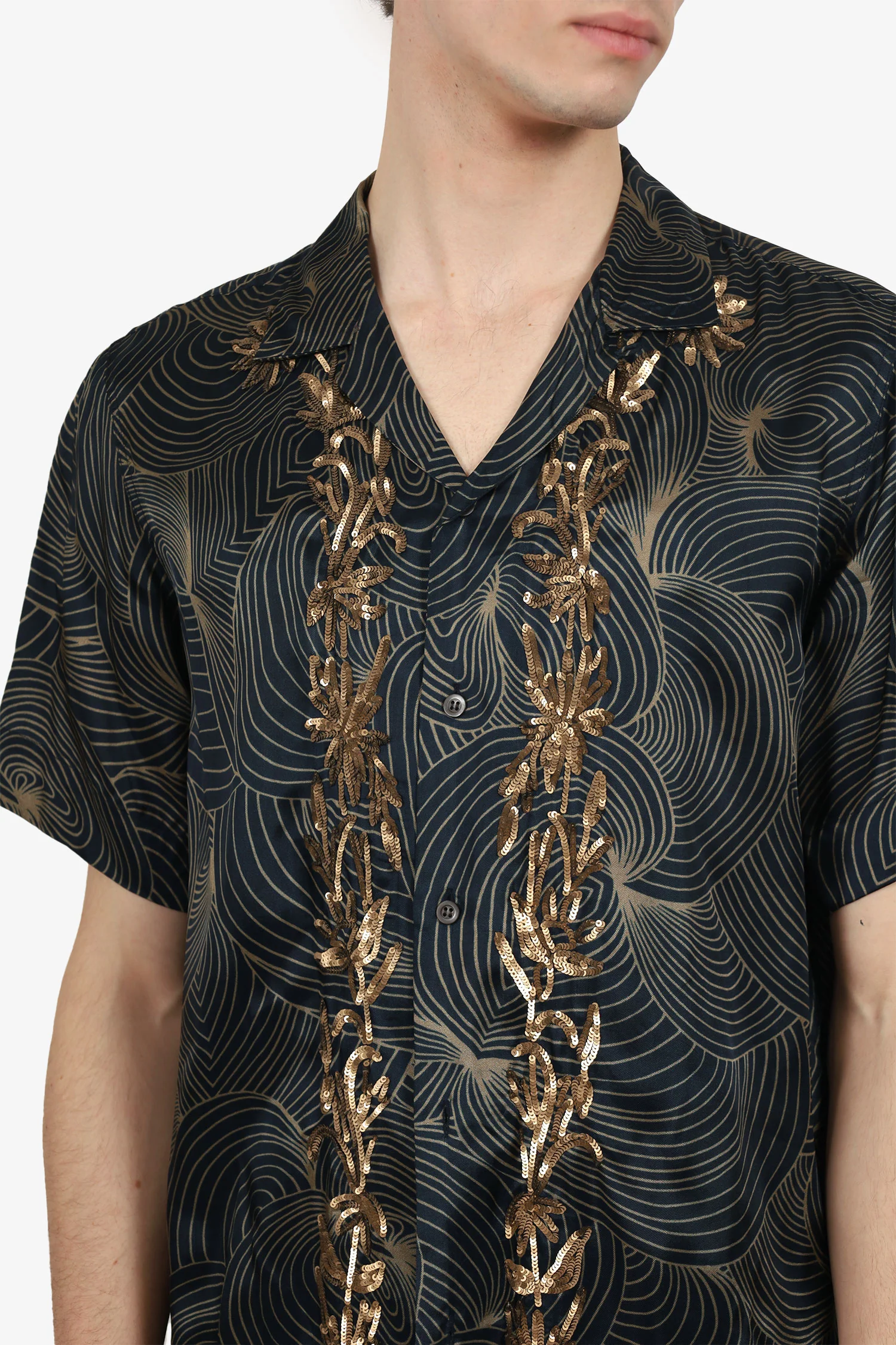 Dries Van Noten Black/Gold Sequined Printed Short Sleeve Shirt Size 48 Mens