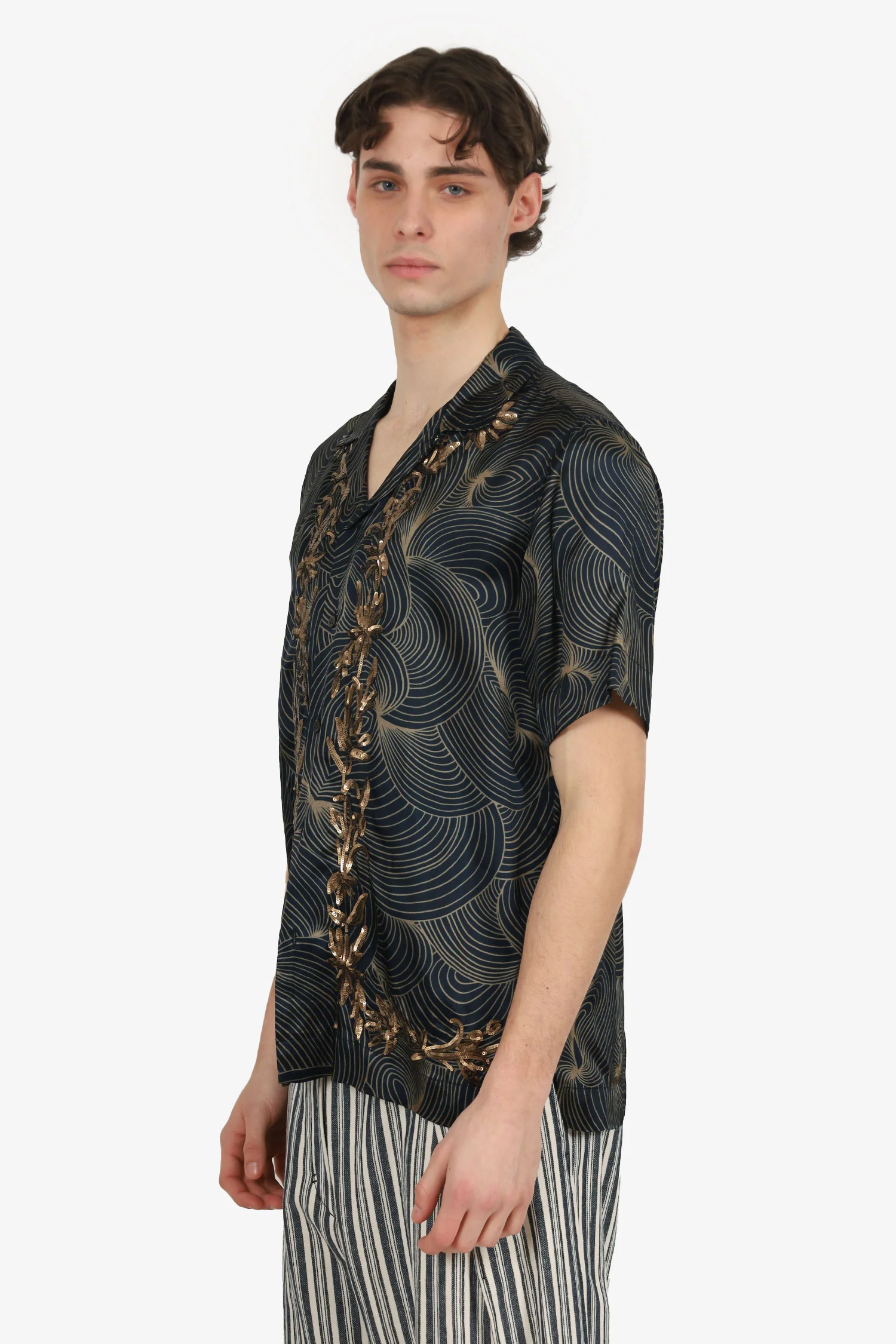 Dries Van Noten Black/Gold Sequined Printed Short Sleeve Shirt Size 48 Mens