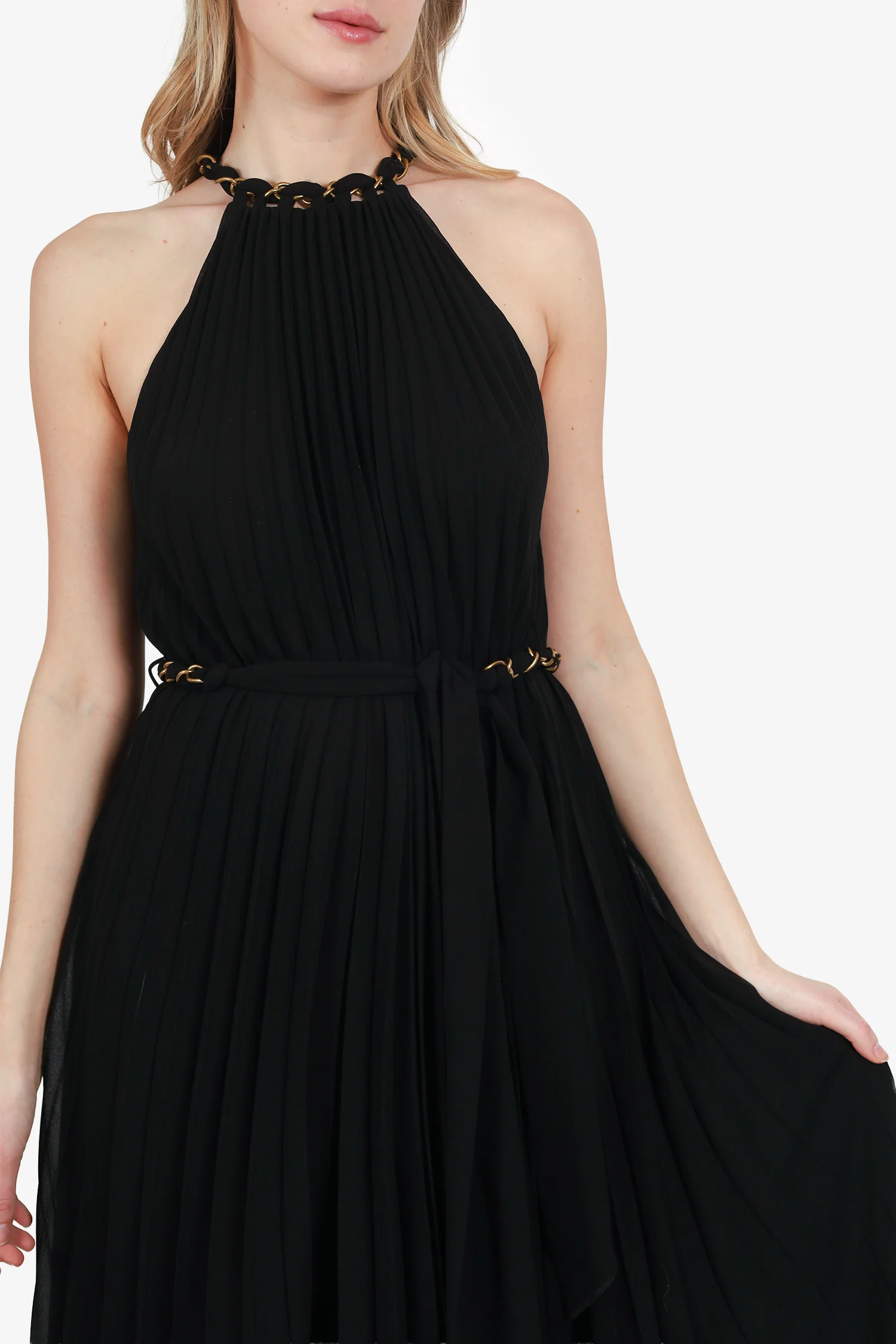 Zimmermann Black High Neck Pleated Midi Dress With Gold Belt Size 0