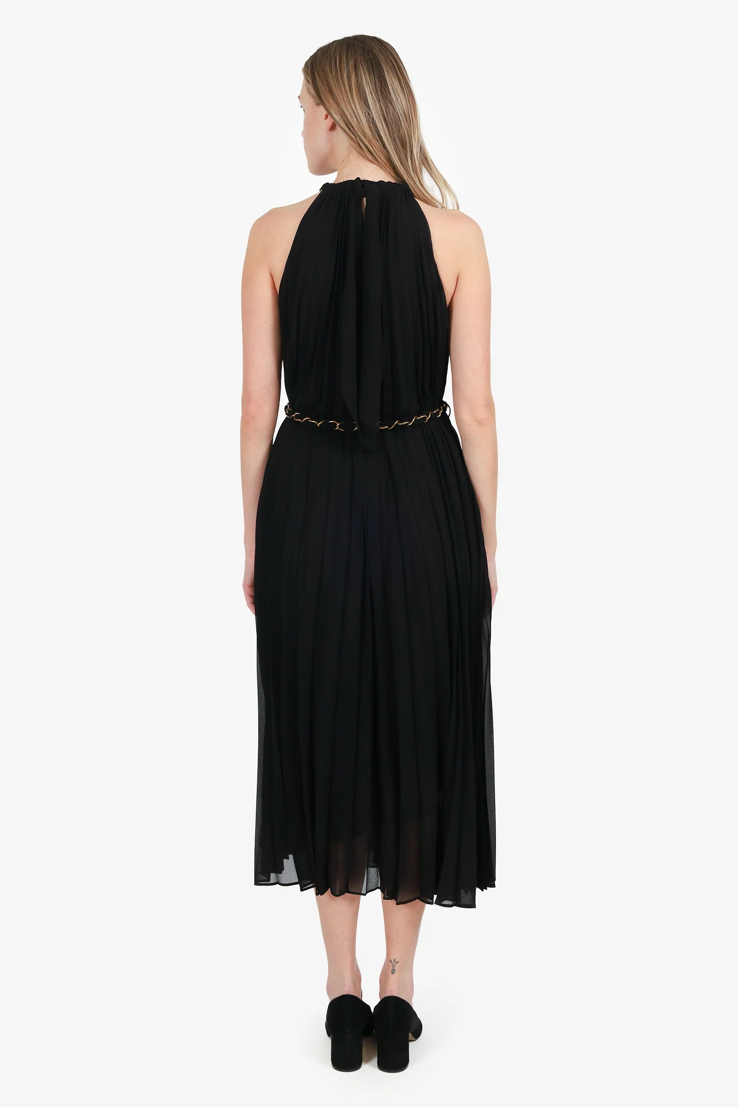 Zimmermann Black High Neck Pleated Midi Dress With Gold Belt Size 0