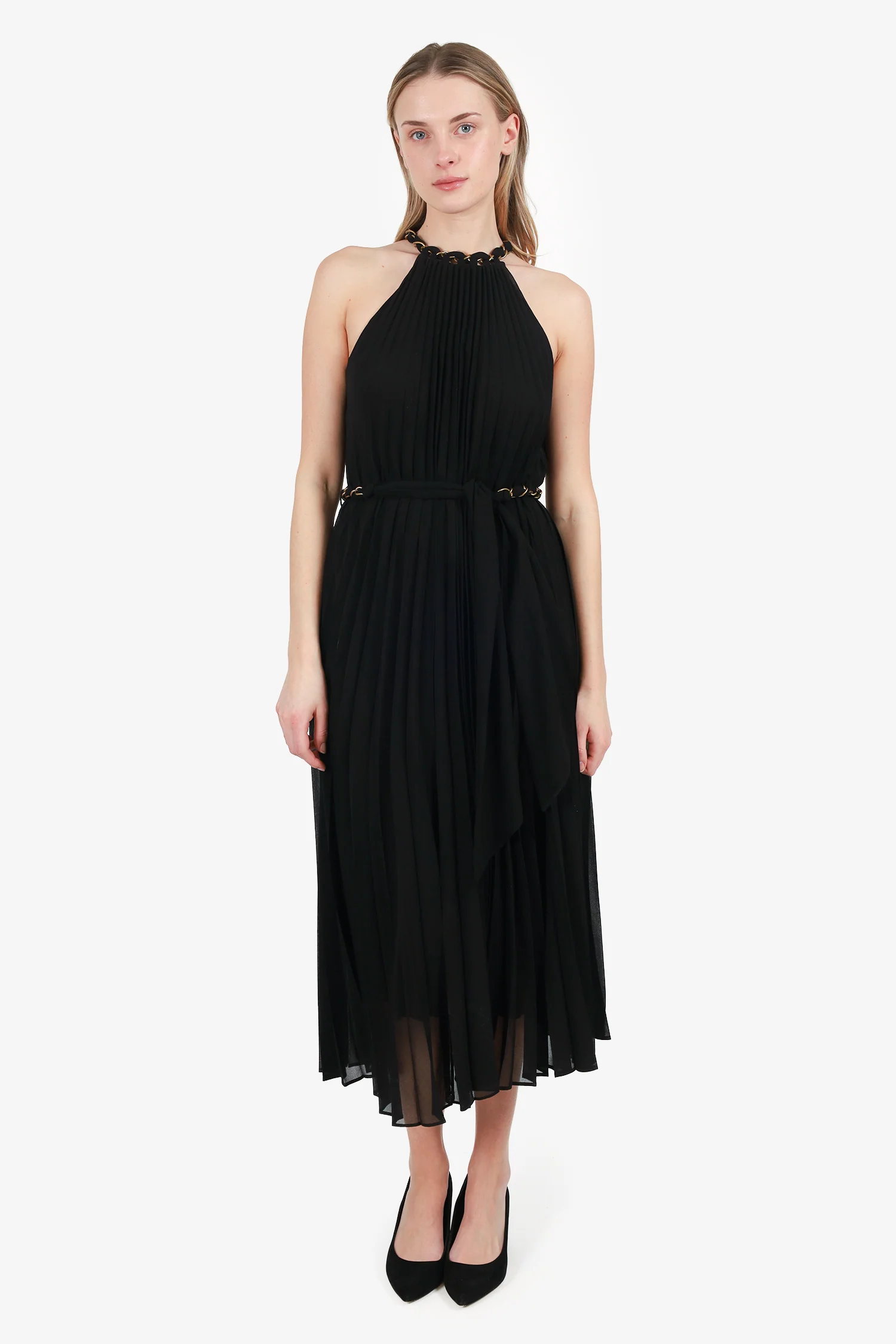 Zimmermann Black High Neck Pleated Midi Dress With Gold Belt Size 0