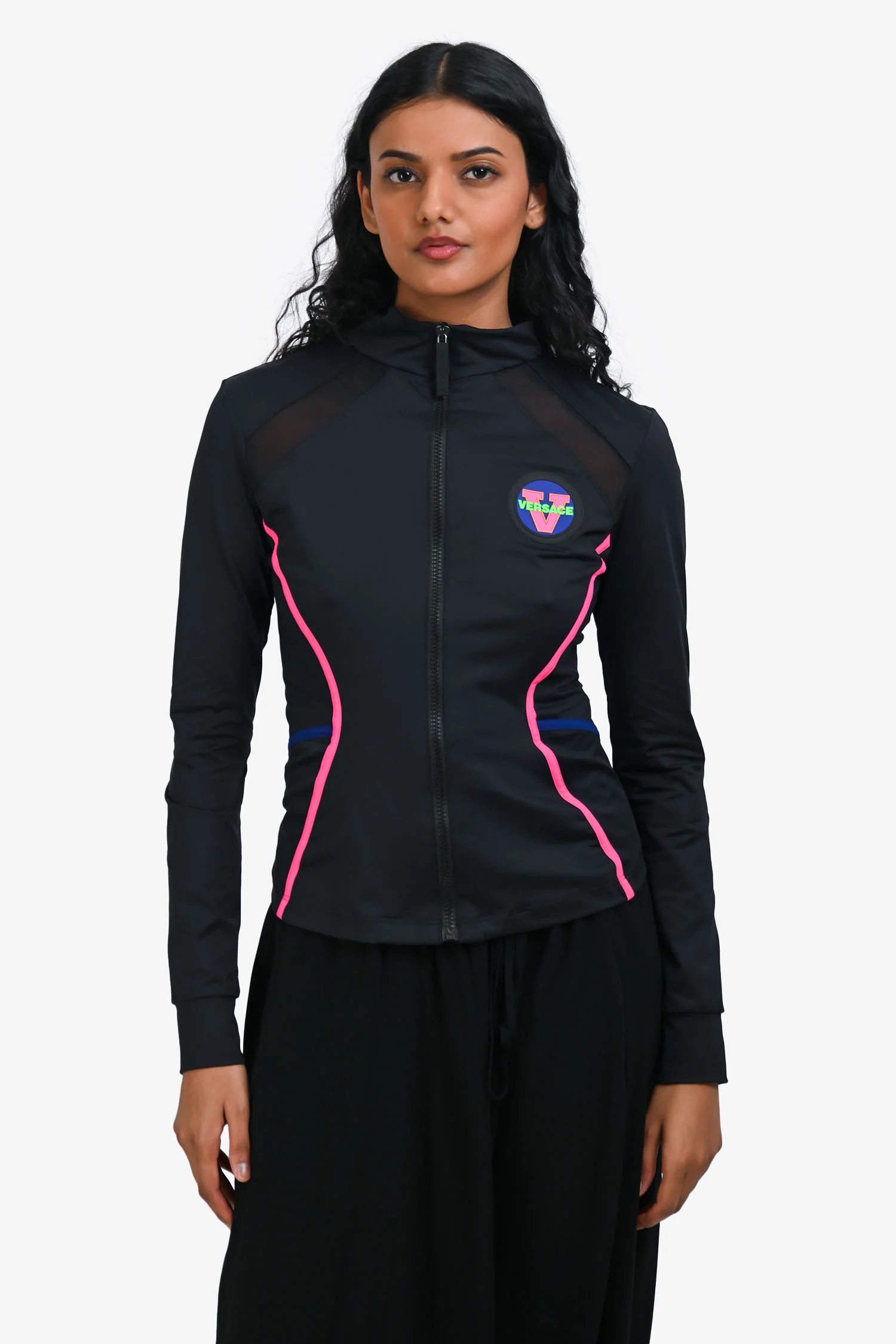 Versace Black/Pink Logo Patched Sport Zip-Up Jacket Size 3