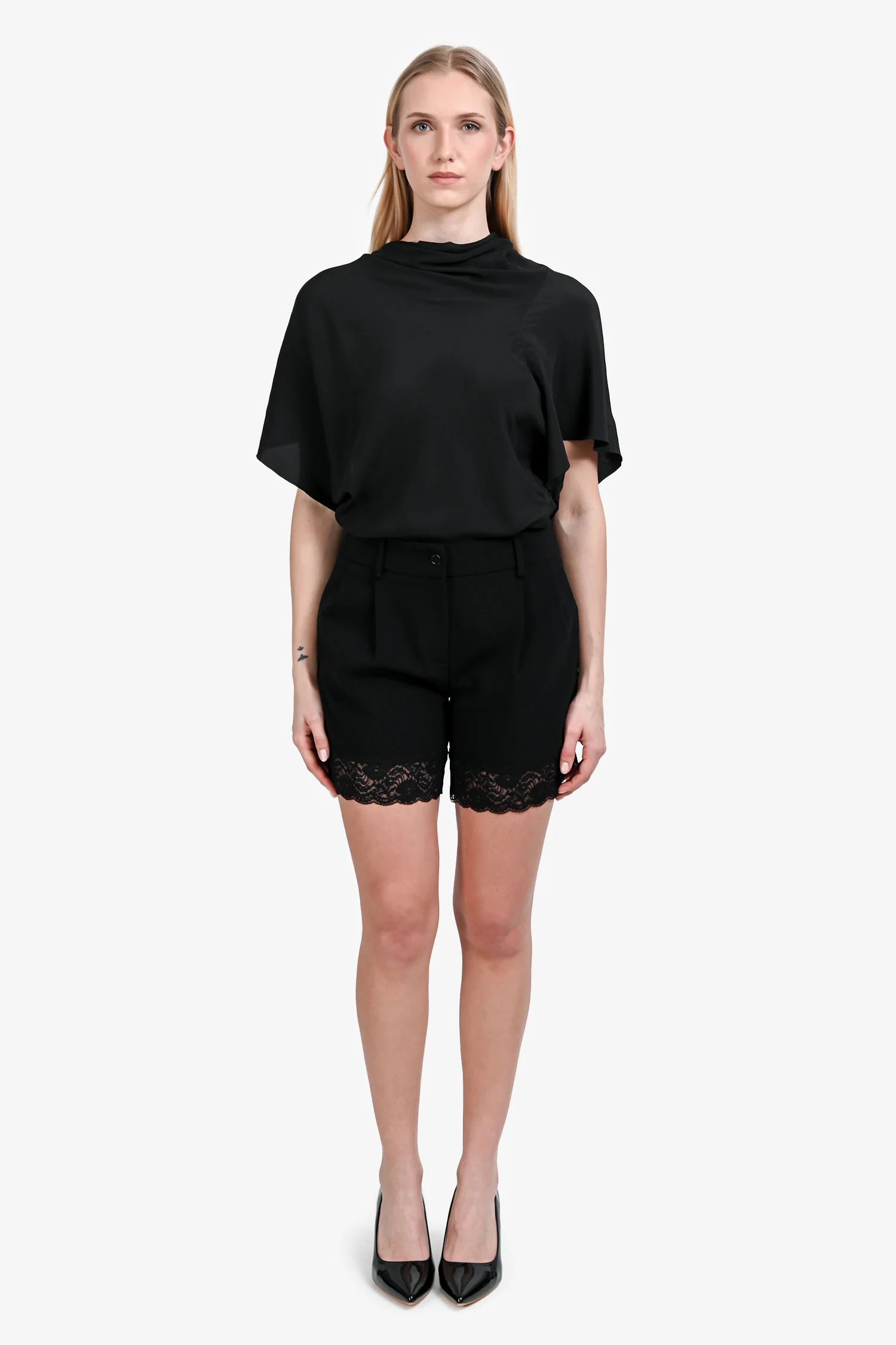 Moschino Couture Black Pleated Front Lace Detailed Shorts Size 6 US