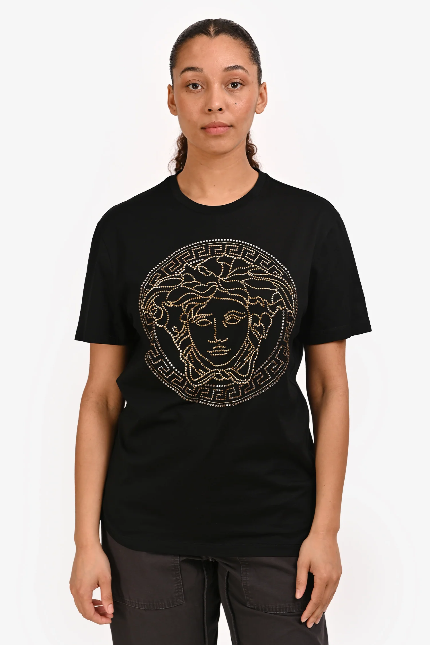 Versace Black Cotton Embellished Medusa Head T-Shirt Size M