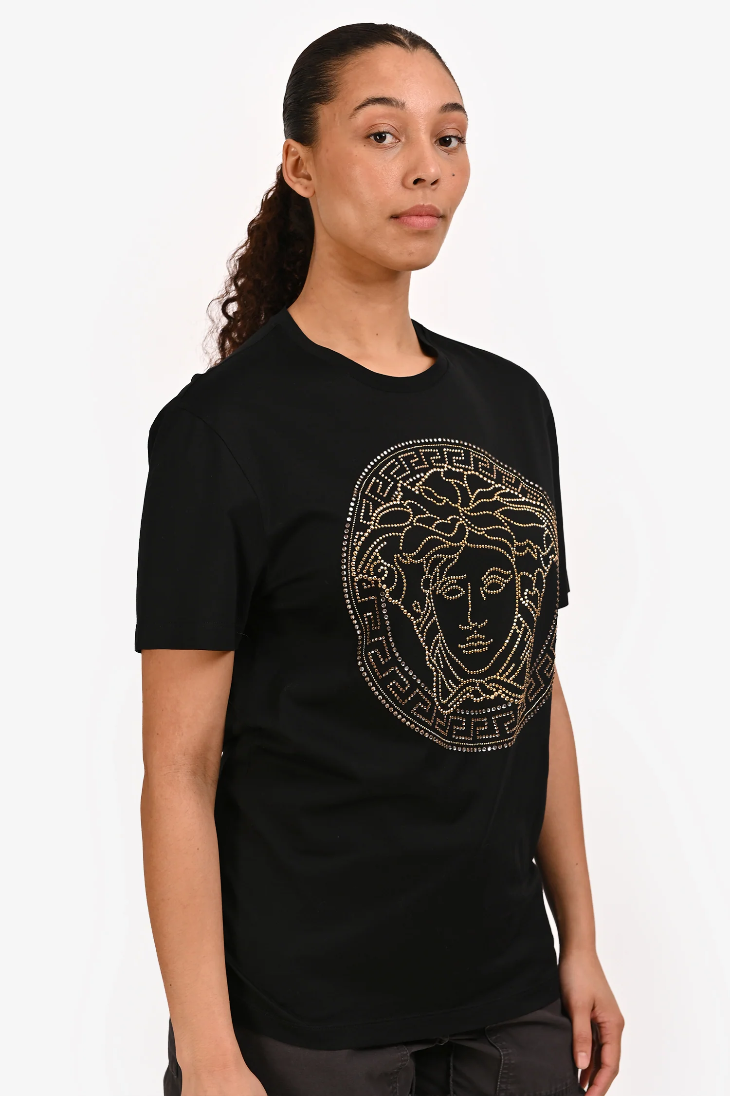 Versace Black Cotton Embellished Medusa Head T-Shirt Size M