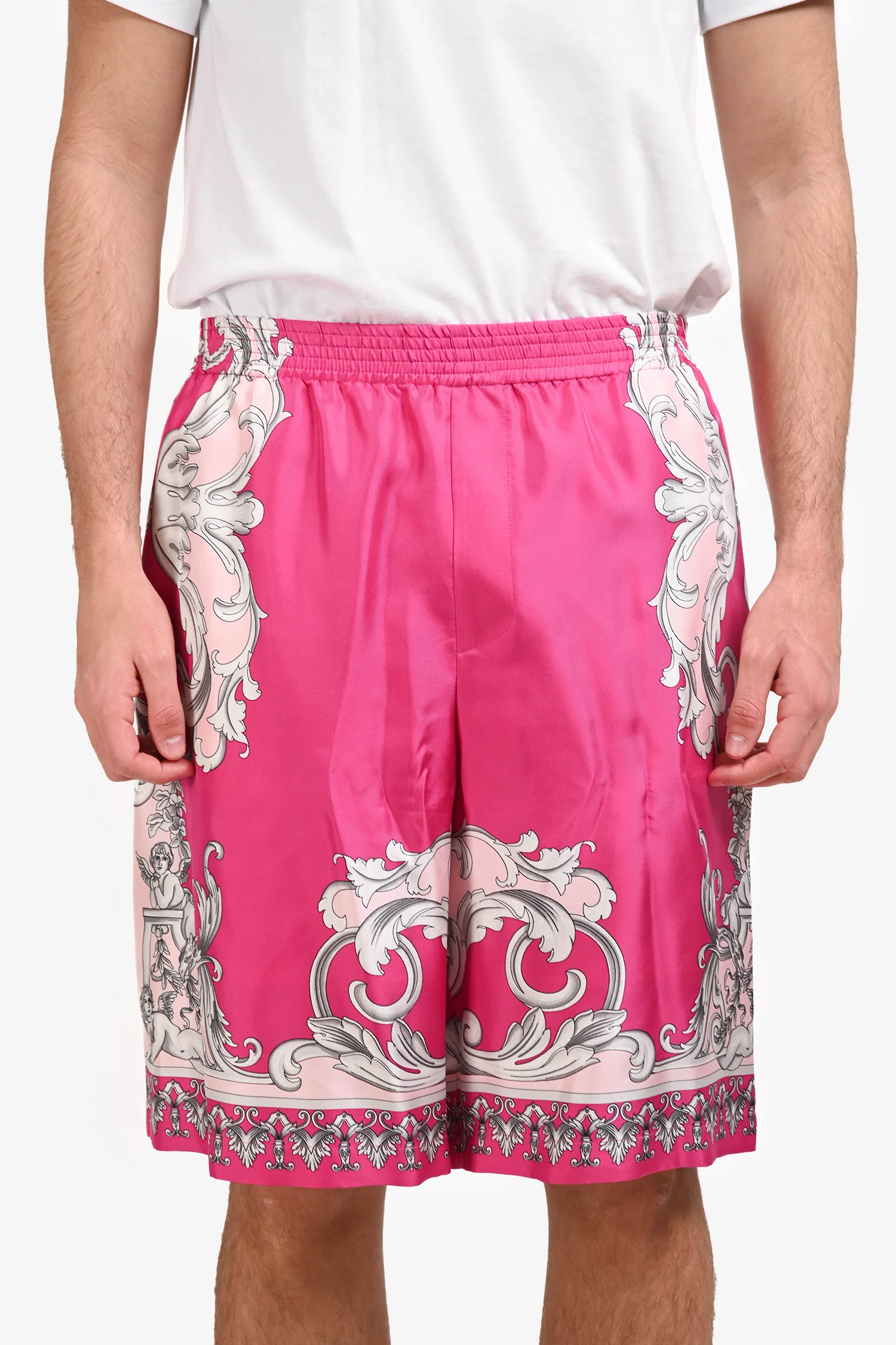 Versace Pink Silk Baroque Print Shorts Size 58 Mens