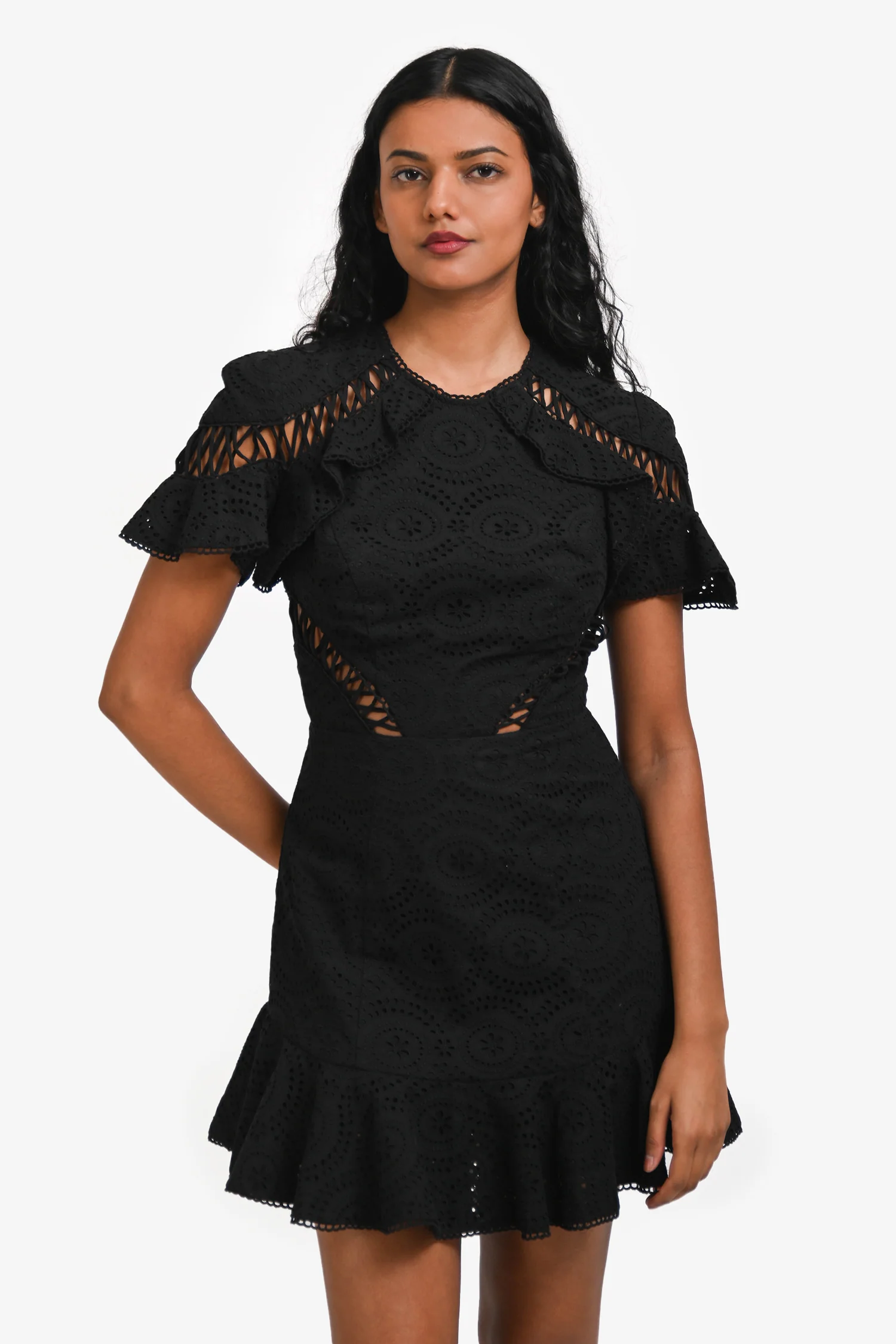 Zimmerman Black Cotton Crochet Short Sleeve Mini Dress Size 0