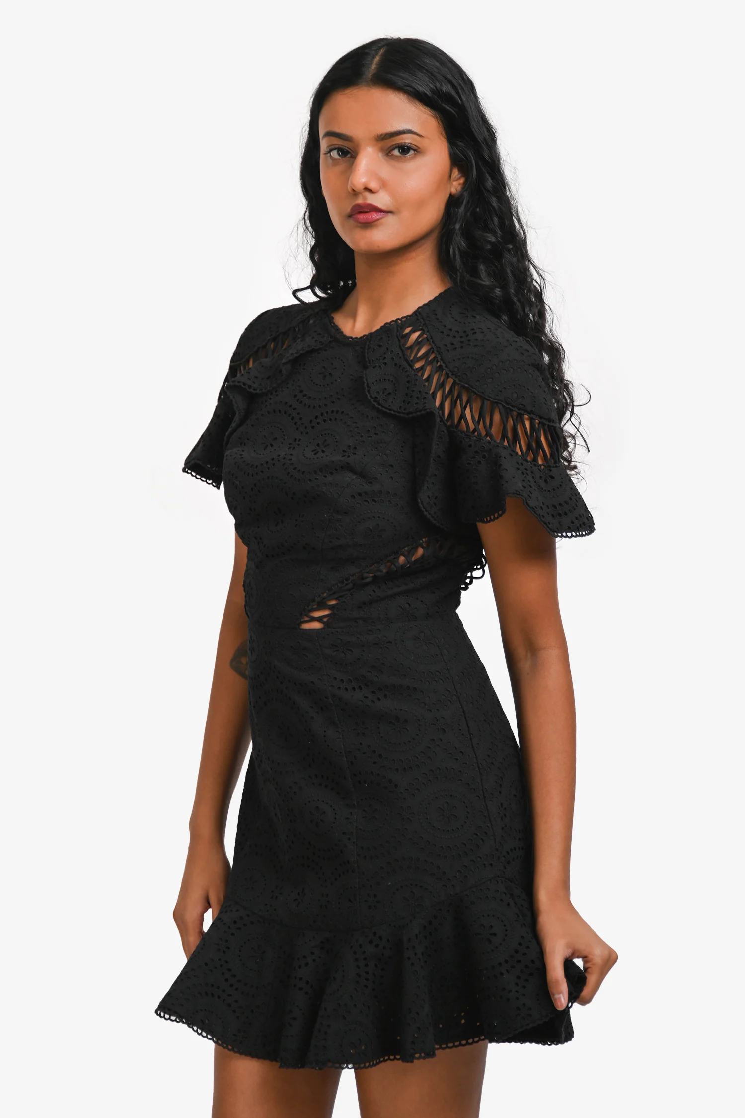 Zimmerman Black Cotton Crochet Short Sleeve Mini Dress Size 0