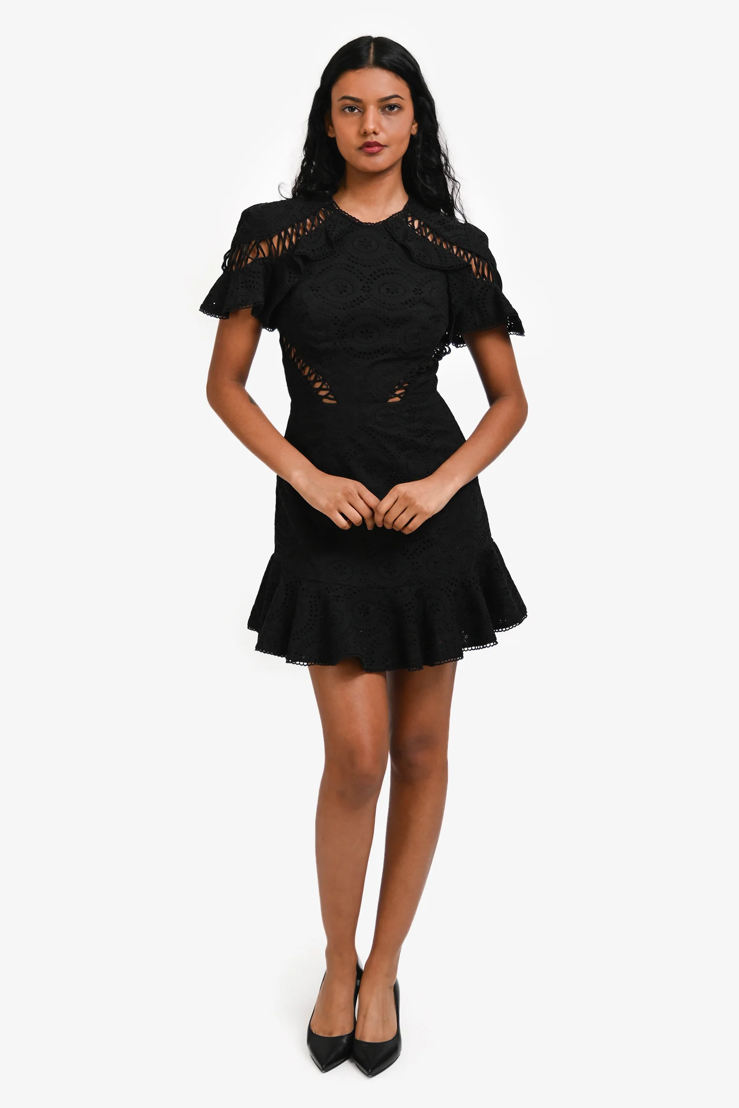 Zimmerman Black Cotton Crochet Short Sleeve Mini Dress Size 0