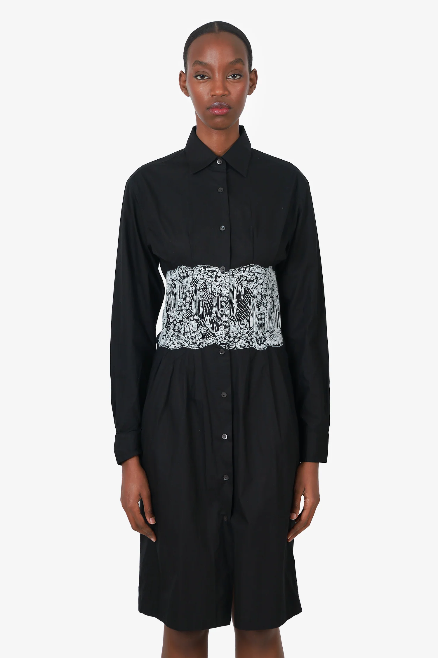 Dries Van Noten Black Lace Waist Button Down Dress Size 36