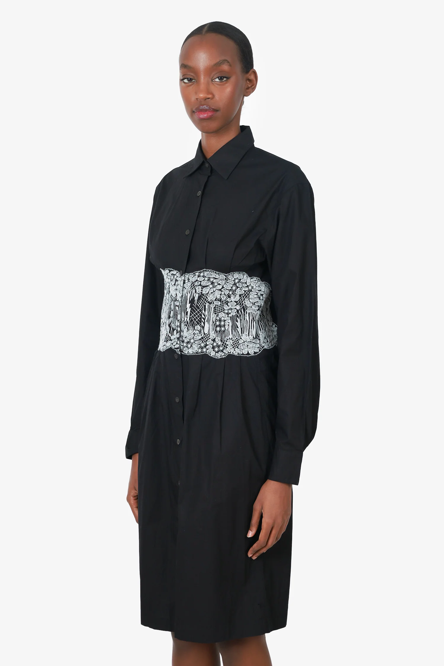 Dries Van Noten Black Lace Waist Button Down Dress Size 36