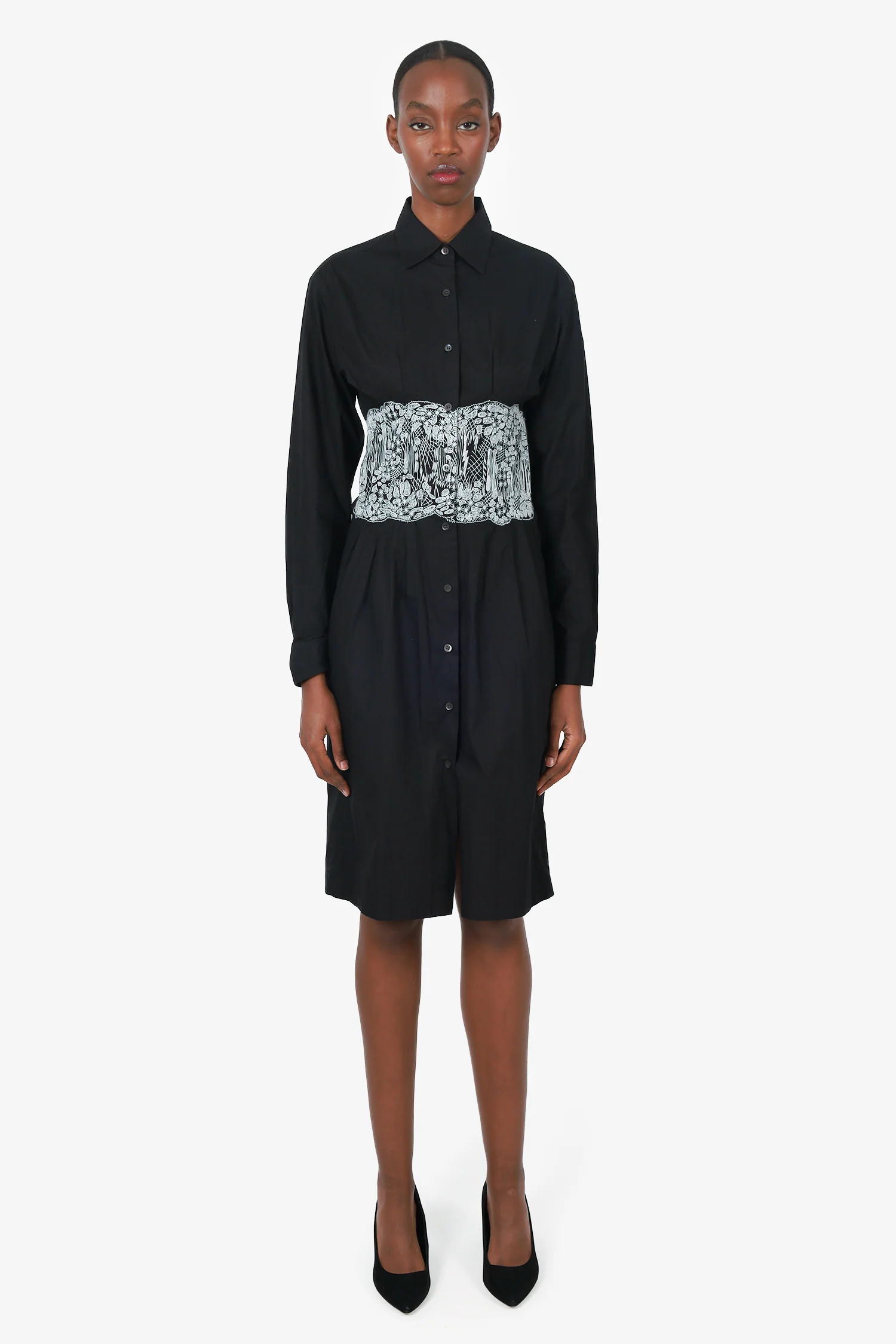 Dries Van Noten Black Lace Waist Button Down Dress Size 36