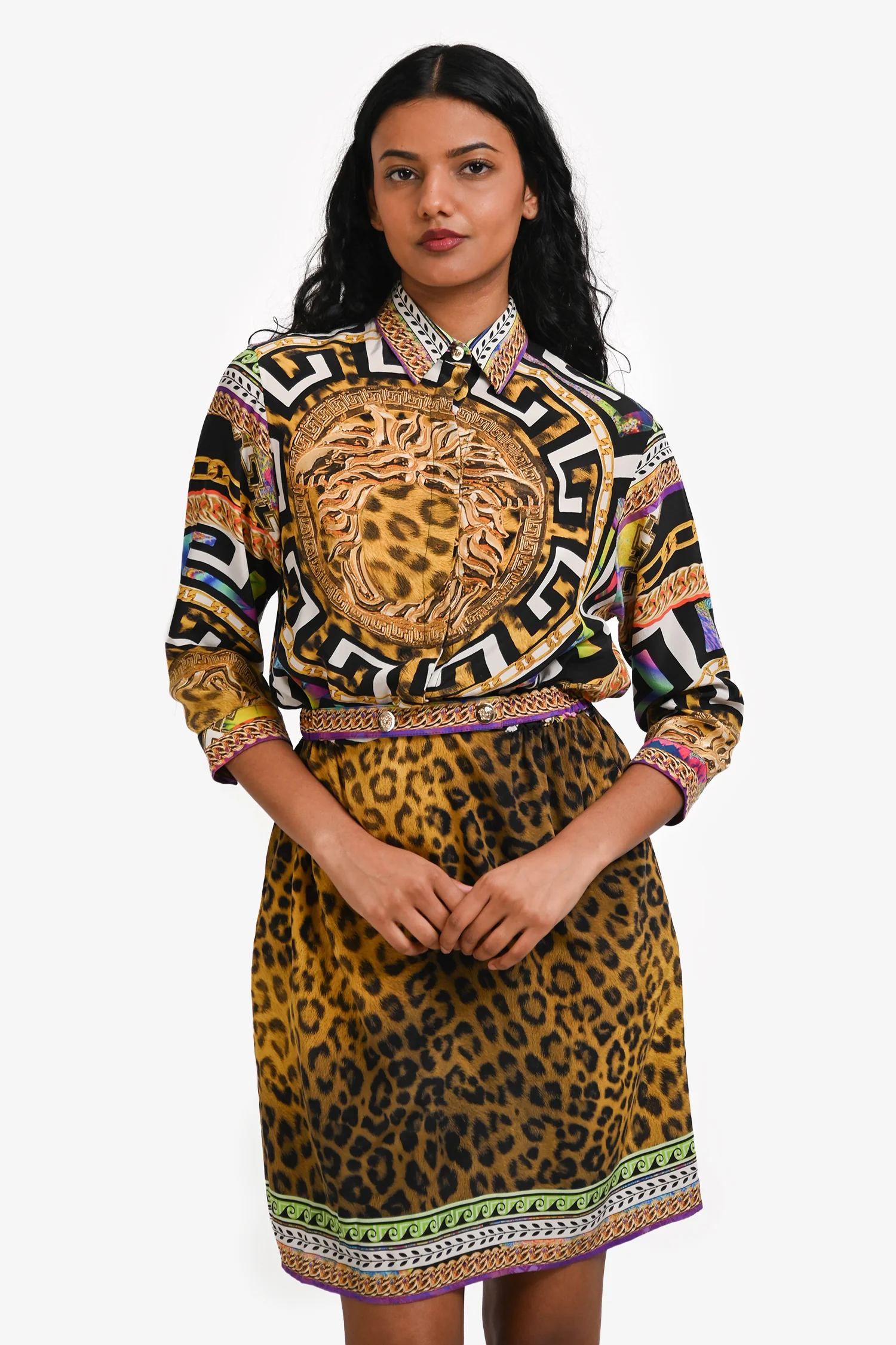 Versace Yellow/Multicolour Silk Patterned Long Sleeve Shirt Size 38 With Belt