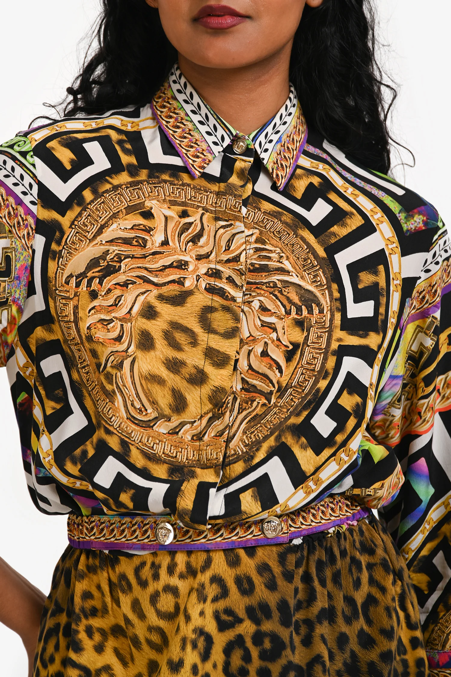 Versace Yellow/Multicolour Silk Patterned Long Sleeve Shirt Size 38 With Belt