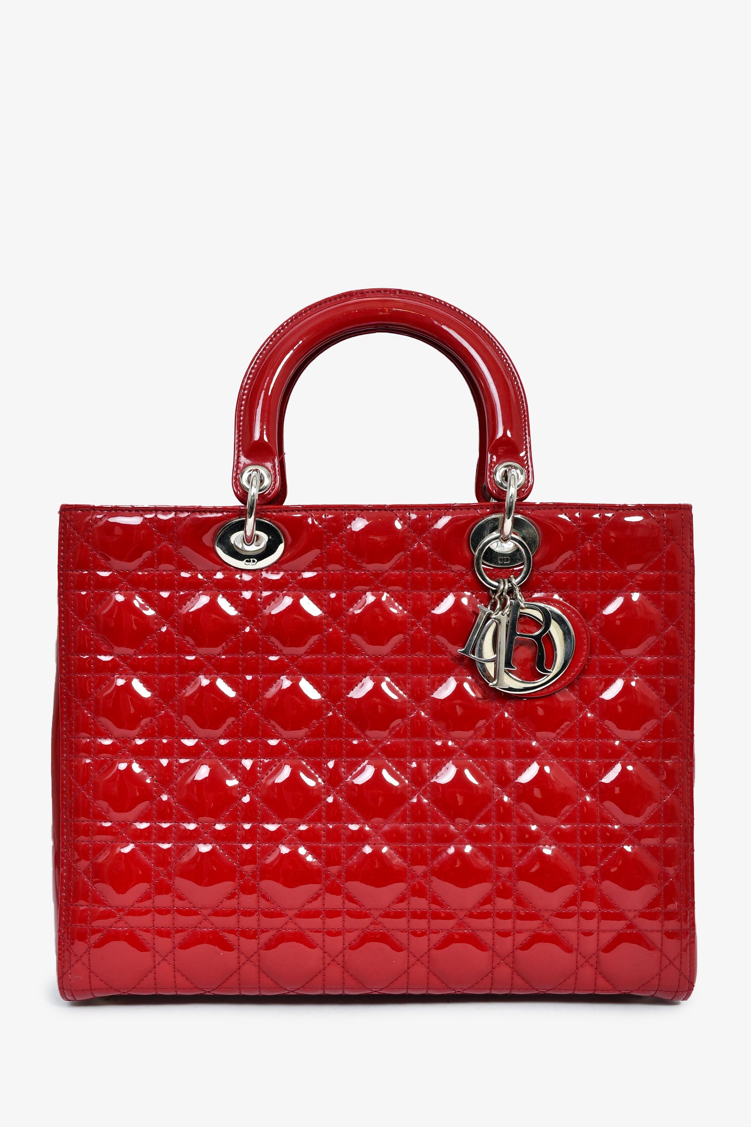 Christian Dior 2015 Red Patent Cannage Large Lady Dior With Strap