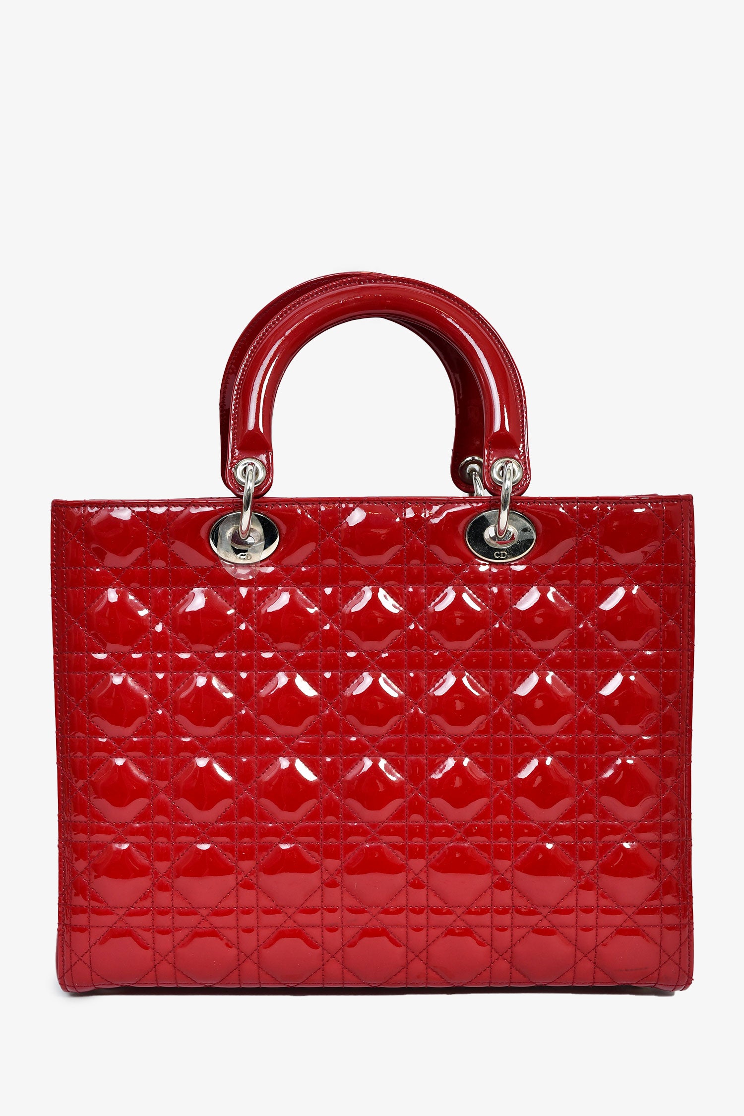 Christian Dior 2015 Red Patent Cannage Large Lady Dior With Strap