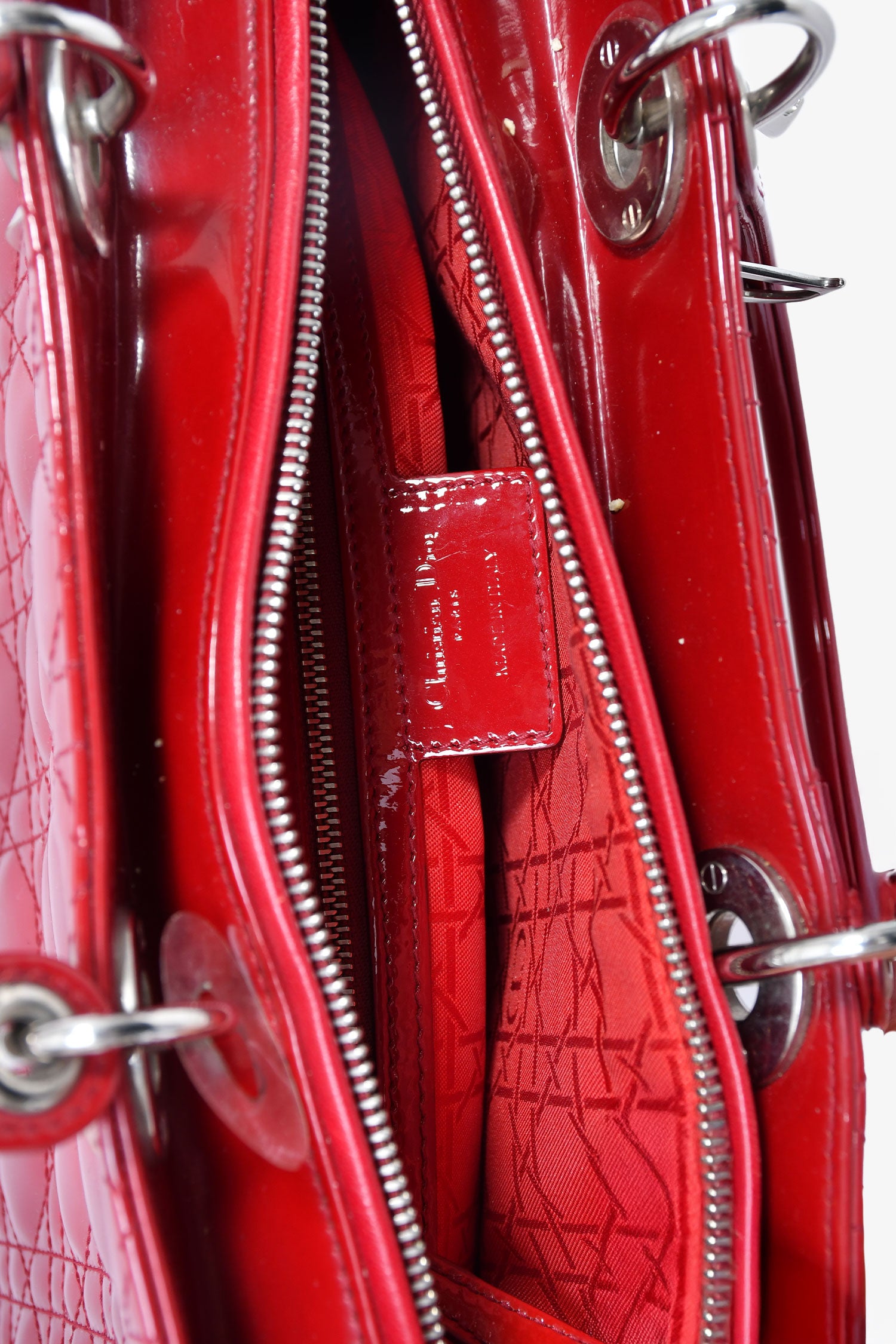 Christian Dior 2015 Red Patent Cannage Large Lady Dior With Strap