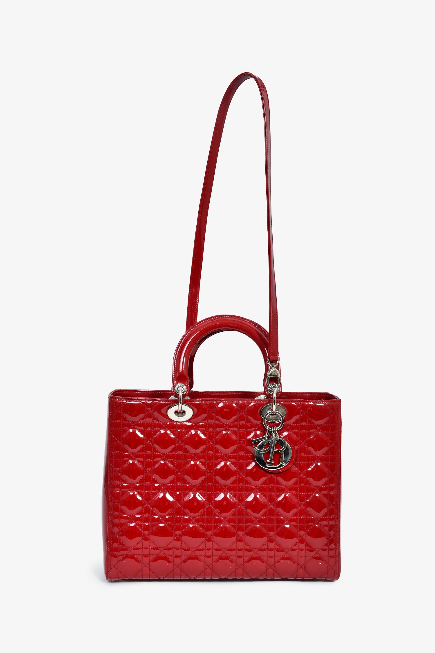 Christian Dior 2015 Red Patent Cannage Large Lady Dior With Strap