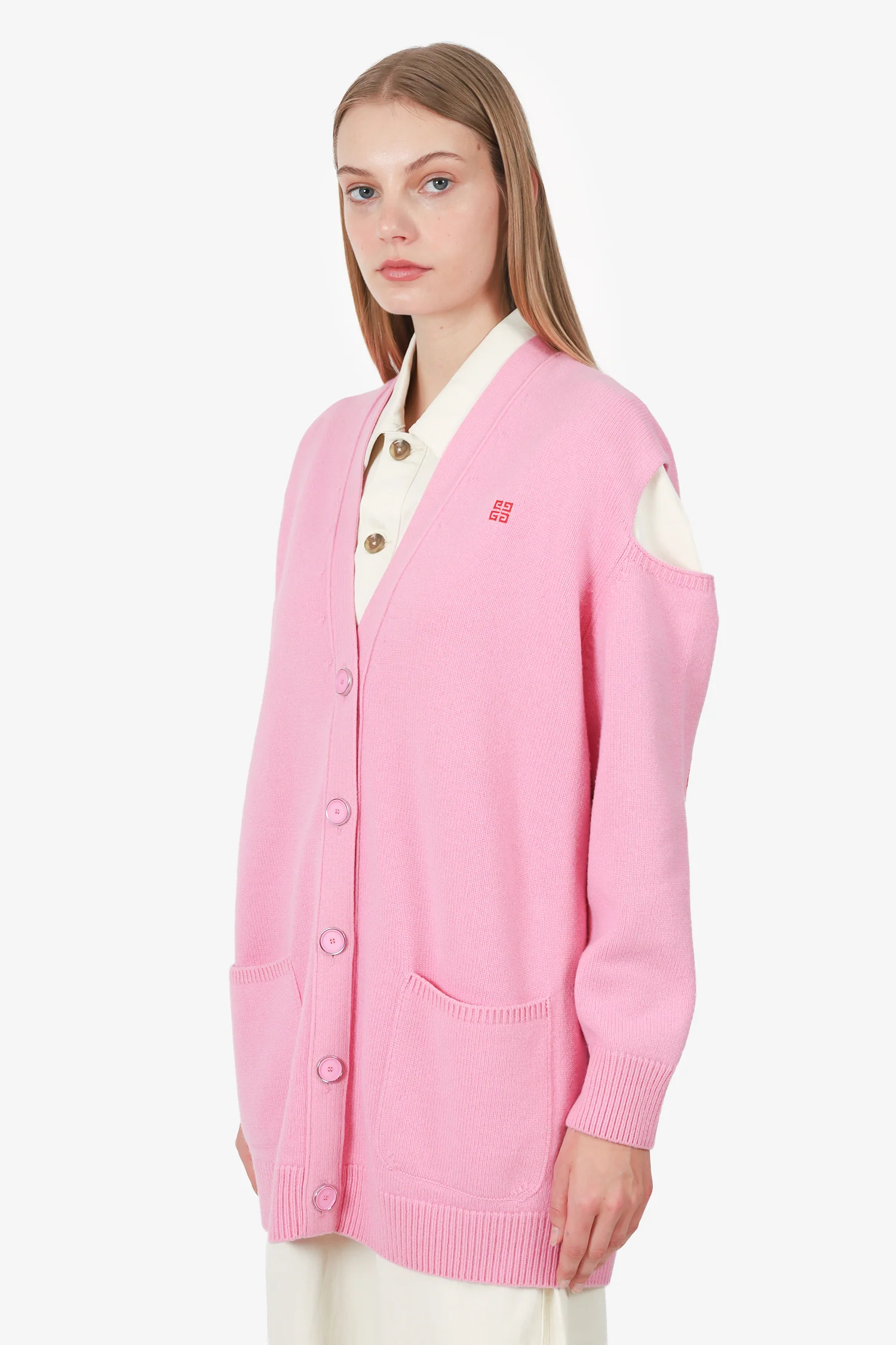 Givenchy Pink Wool/Cashmere Logo Embroidered Shoulder Cut Out Cardigan Size S