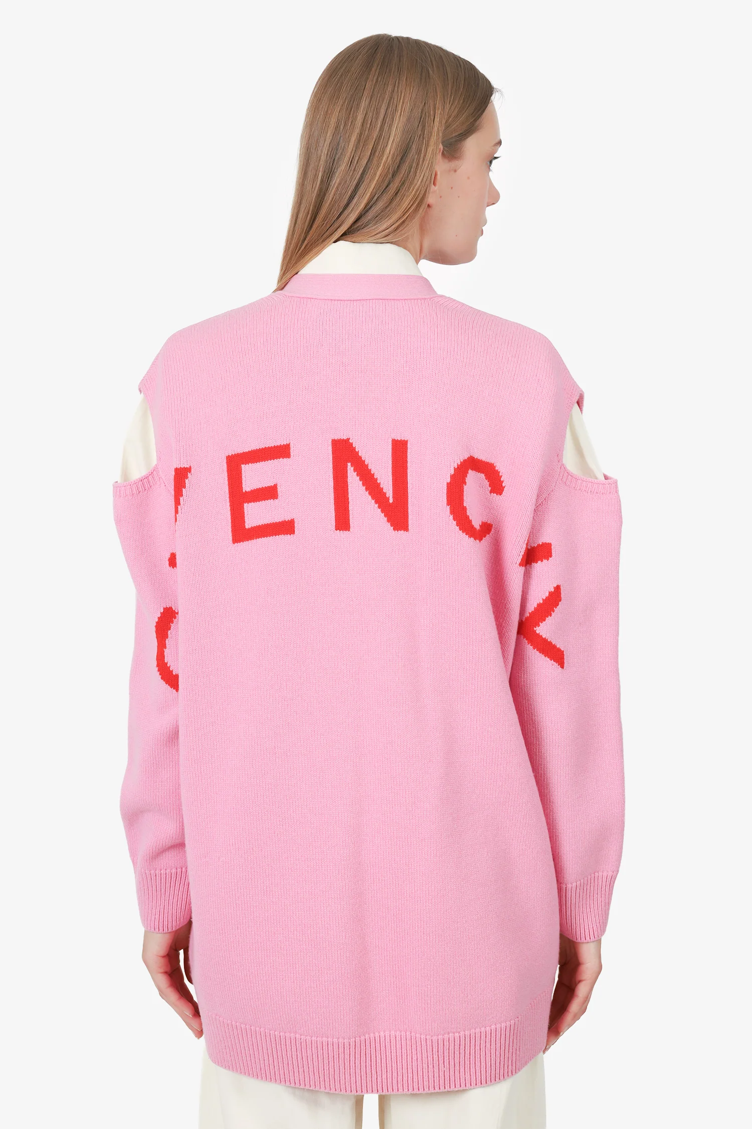 Givenchy Pink Wool/Cashmere Logo Embroidered Shoulder Cut Out Cardigan Size S