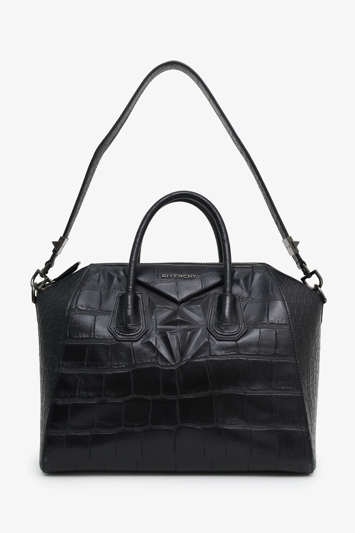 Givenchy Black Embossed Medium Antigona Top Handle Bag With Strap