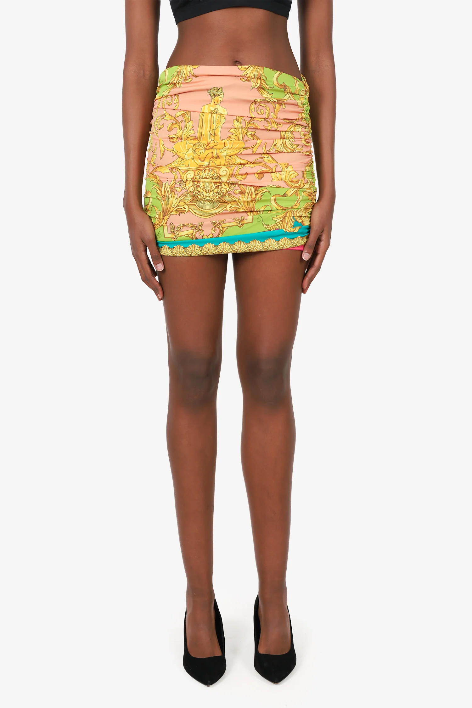 Versace Pink/Green Barocco-print Ruched Mini Skirt Size 8