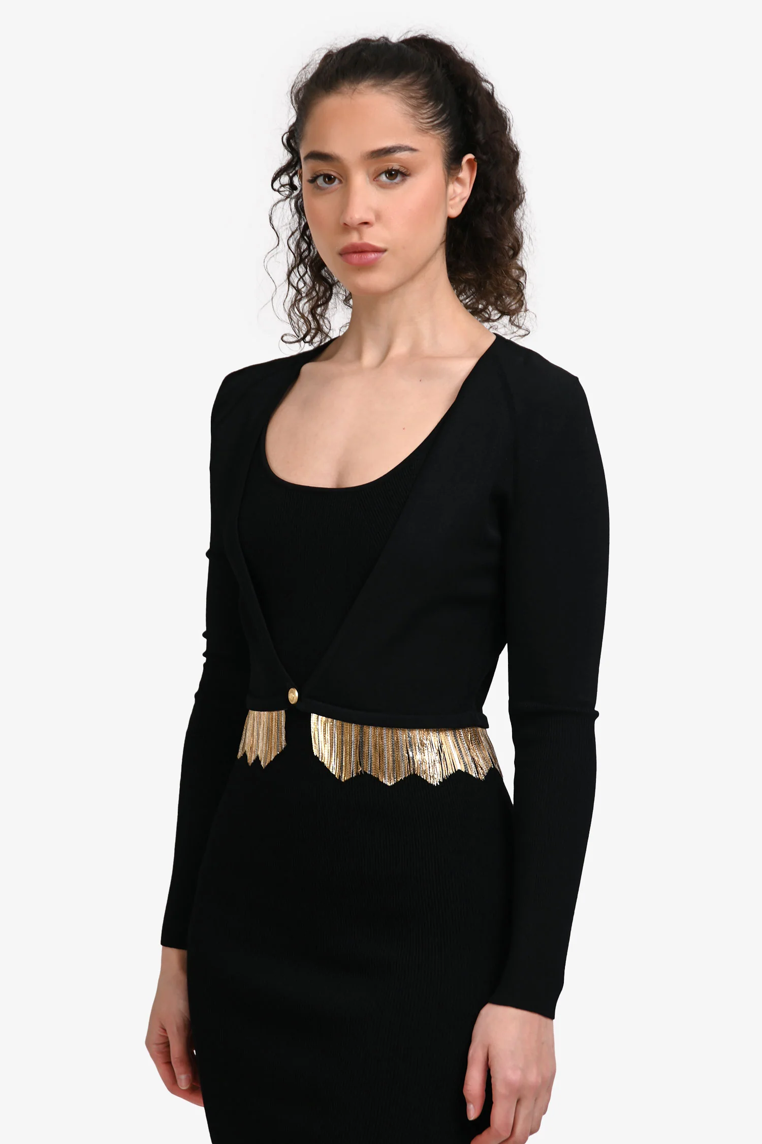 Versace Black/Gold/Silver Tone Fringe Cropped Cardigan Size 38