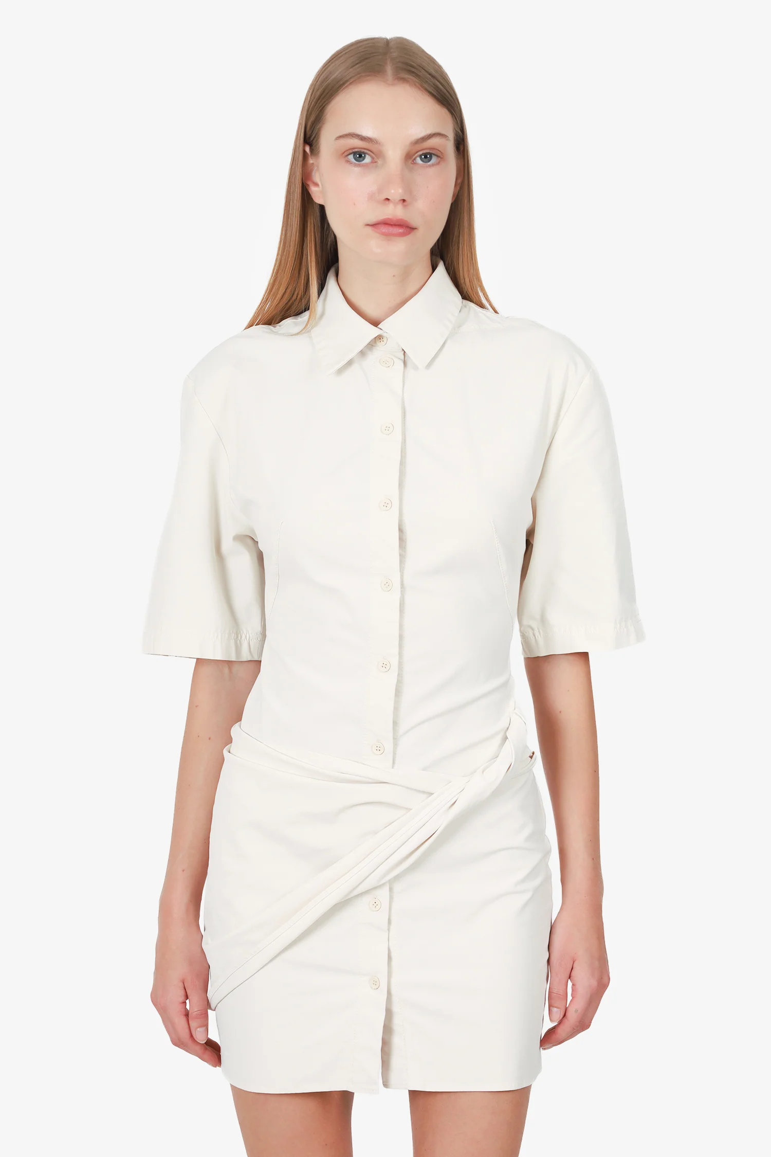 Jacquemus Cream La Robe Camisa Draped Shirt Dress Size 34