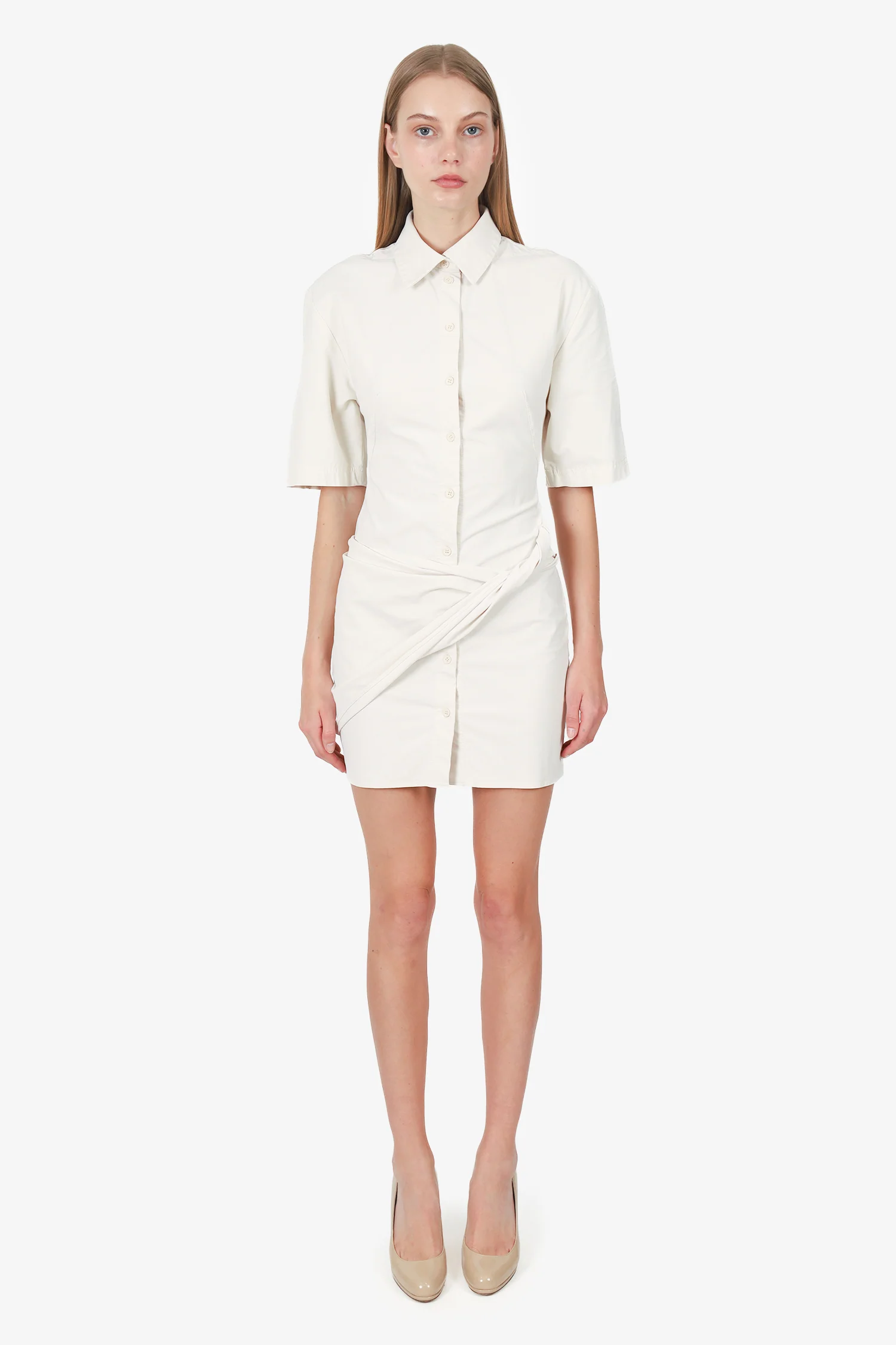 Jacquemus Cream La Robe Camisa Draped Shirt Dress Size 34