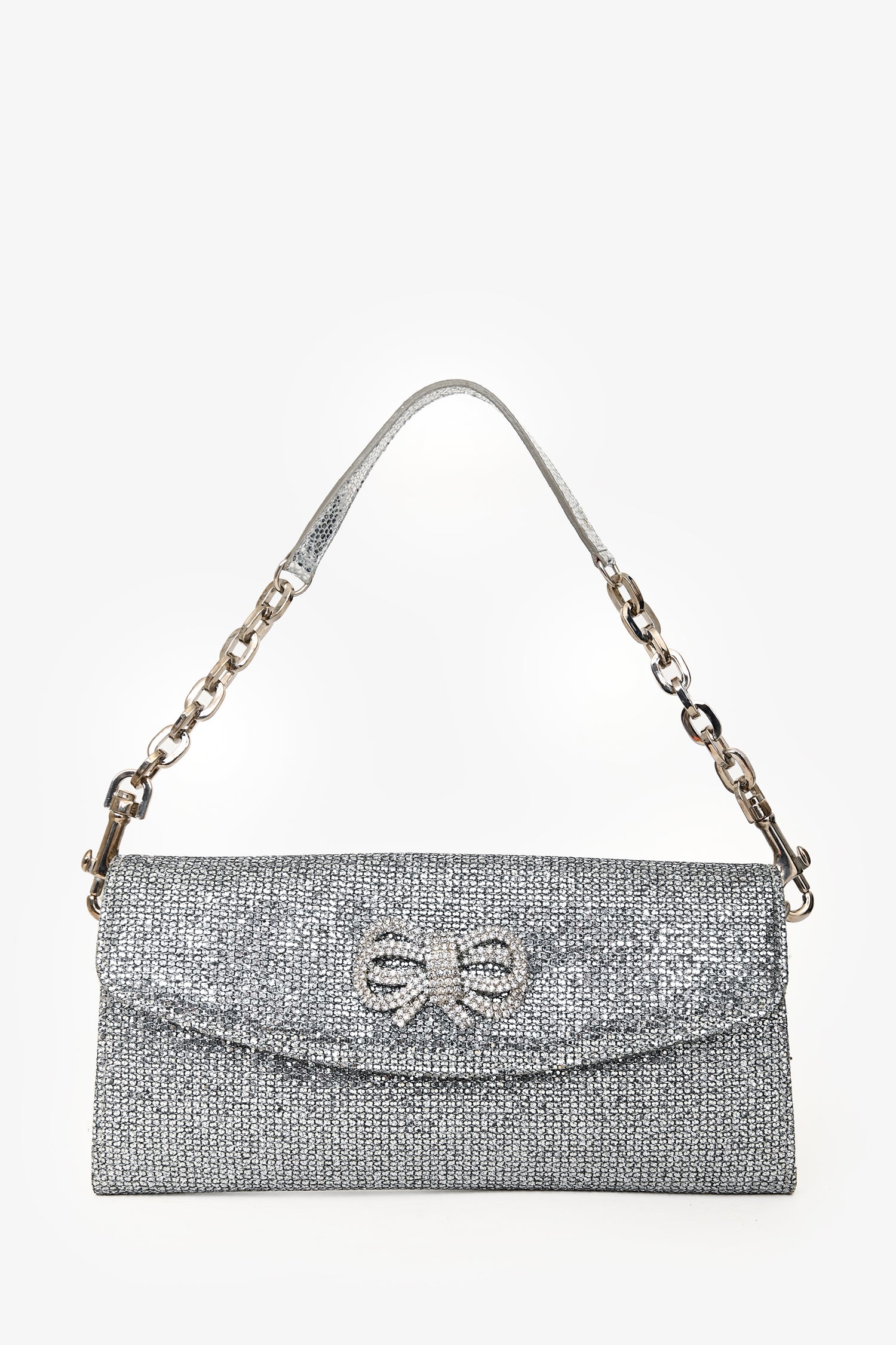 Jimmy Choo Silver Metallic Bow Embellished Evening Shoulder Bag