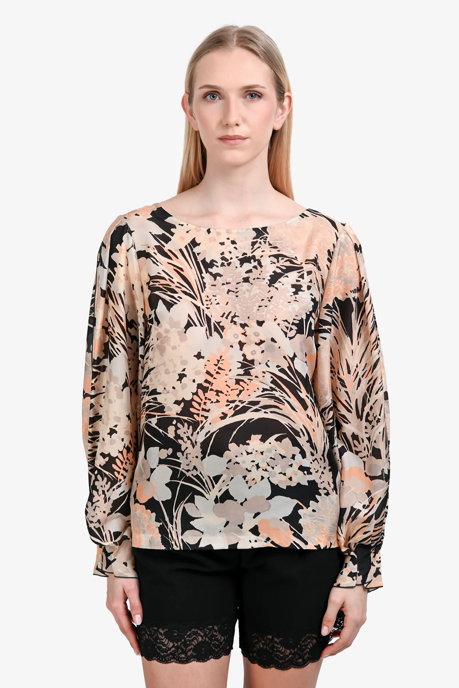 Dries Van Noten Cream/Black Floral Print Silk Top Size 38