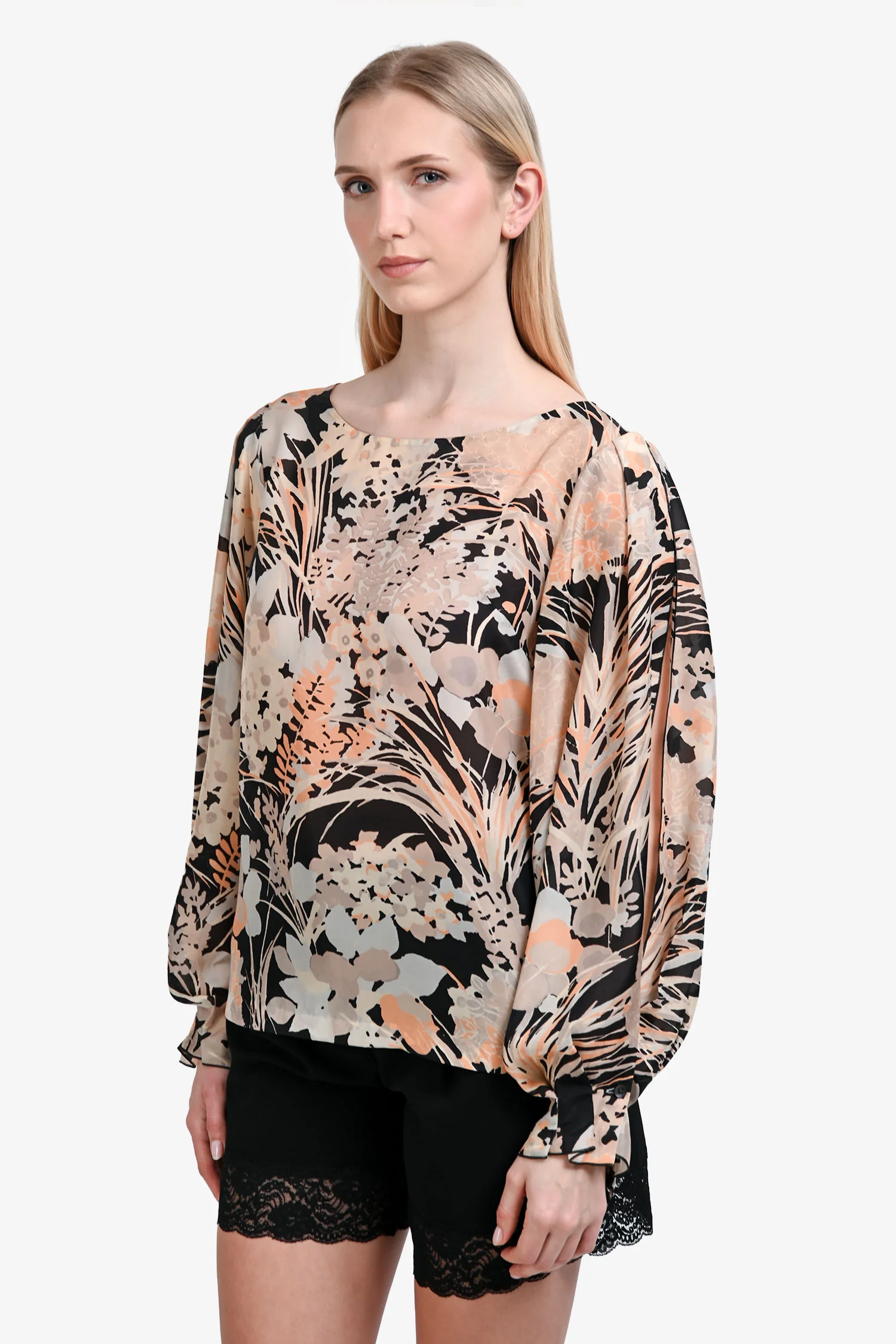 Dries Van Noten Cream/Black Floral Print Silk Top Size 38