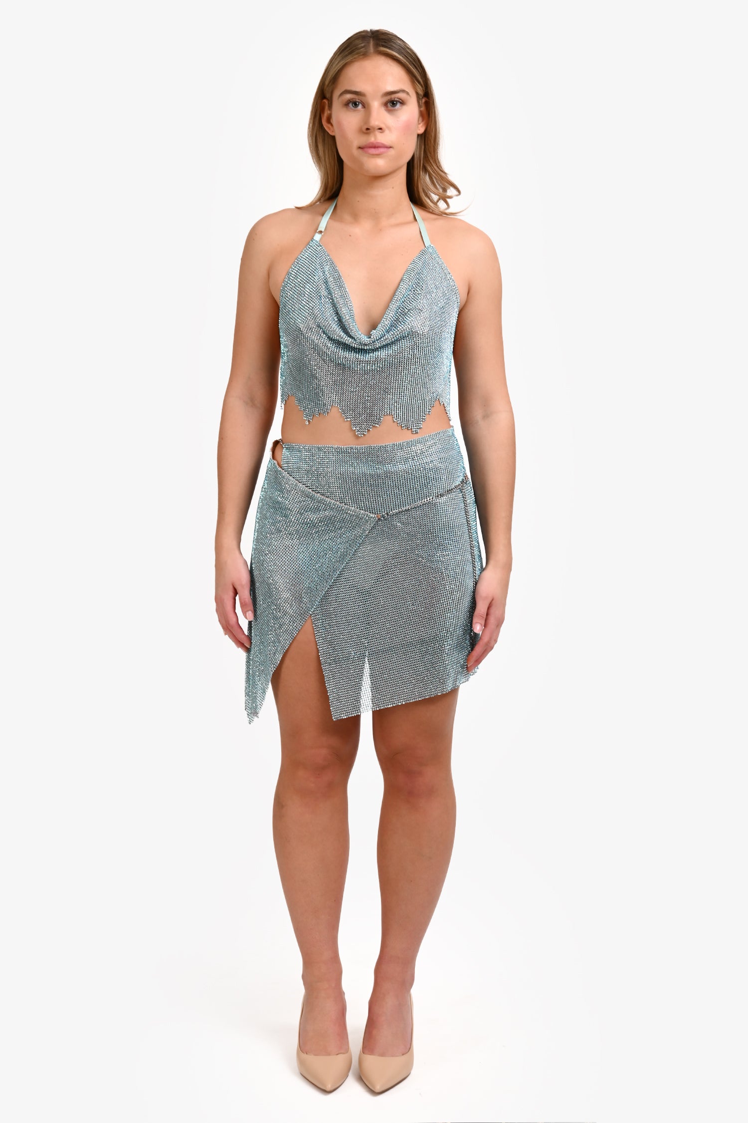 Poster Girl Blue Crystal Crop Top + Mini Skirt Set Size M