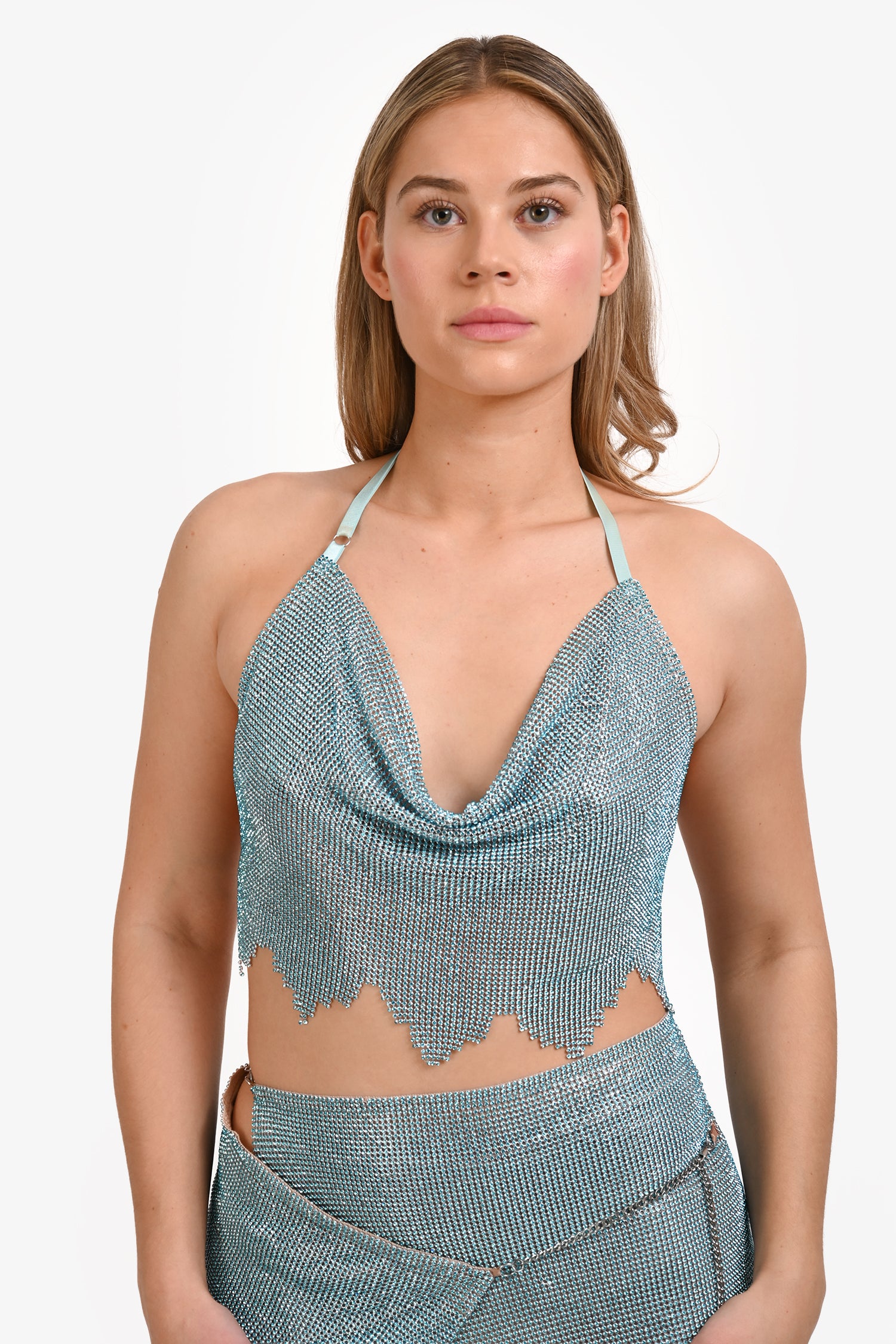 Poster Girl Blue Crystal Crop Top + Mini Skirt Set Size M