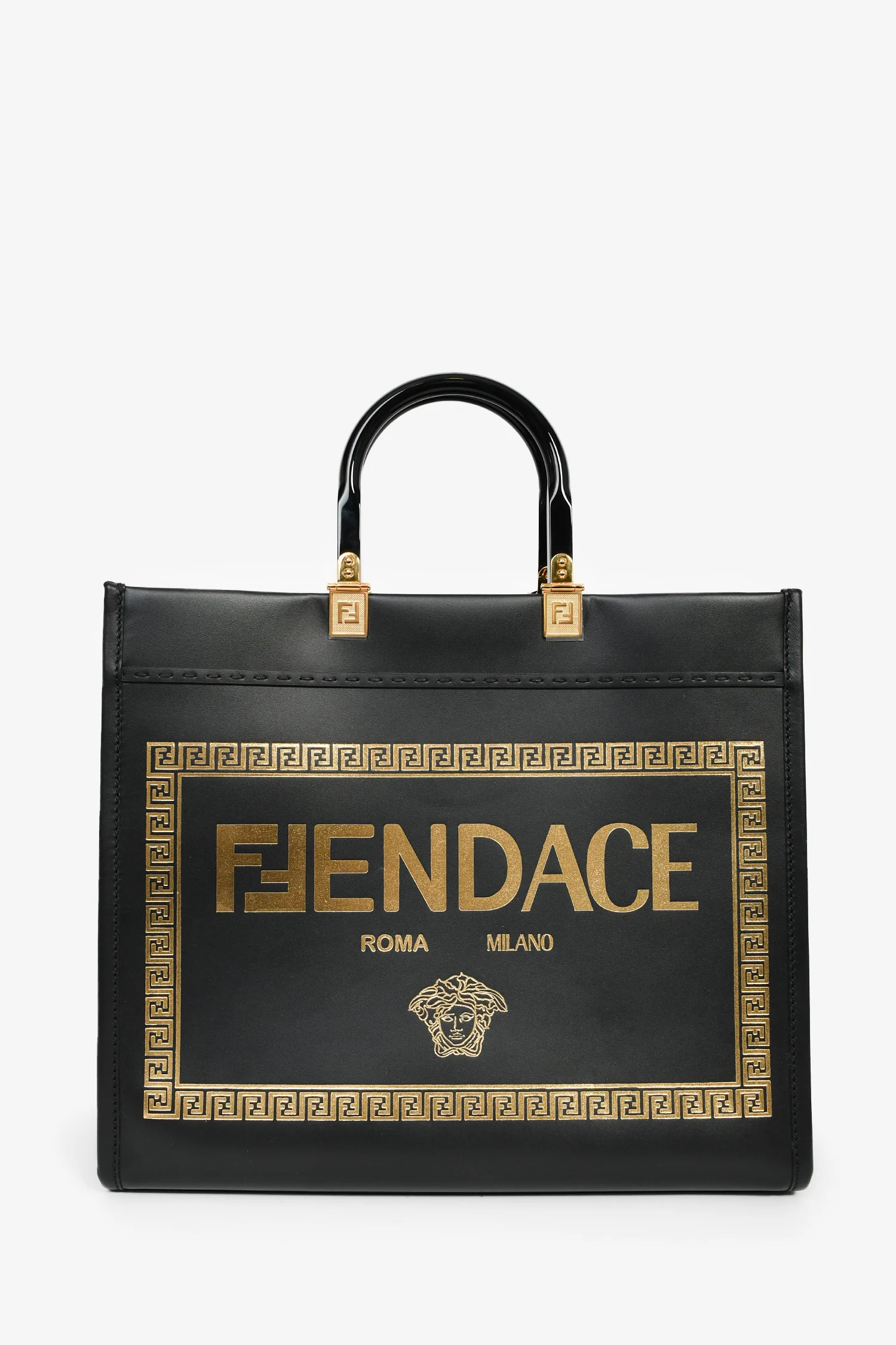 Fendi x Versace Black Leather 'Fendace Sunshine Shopper' Tote