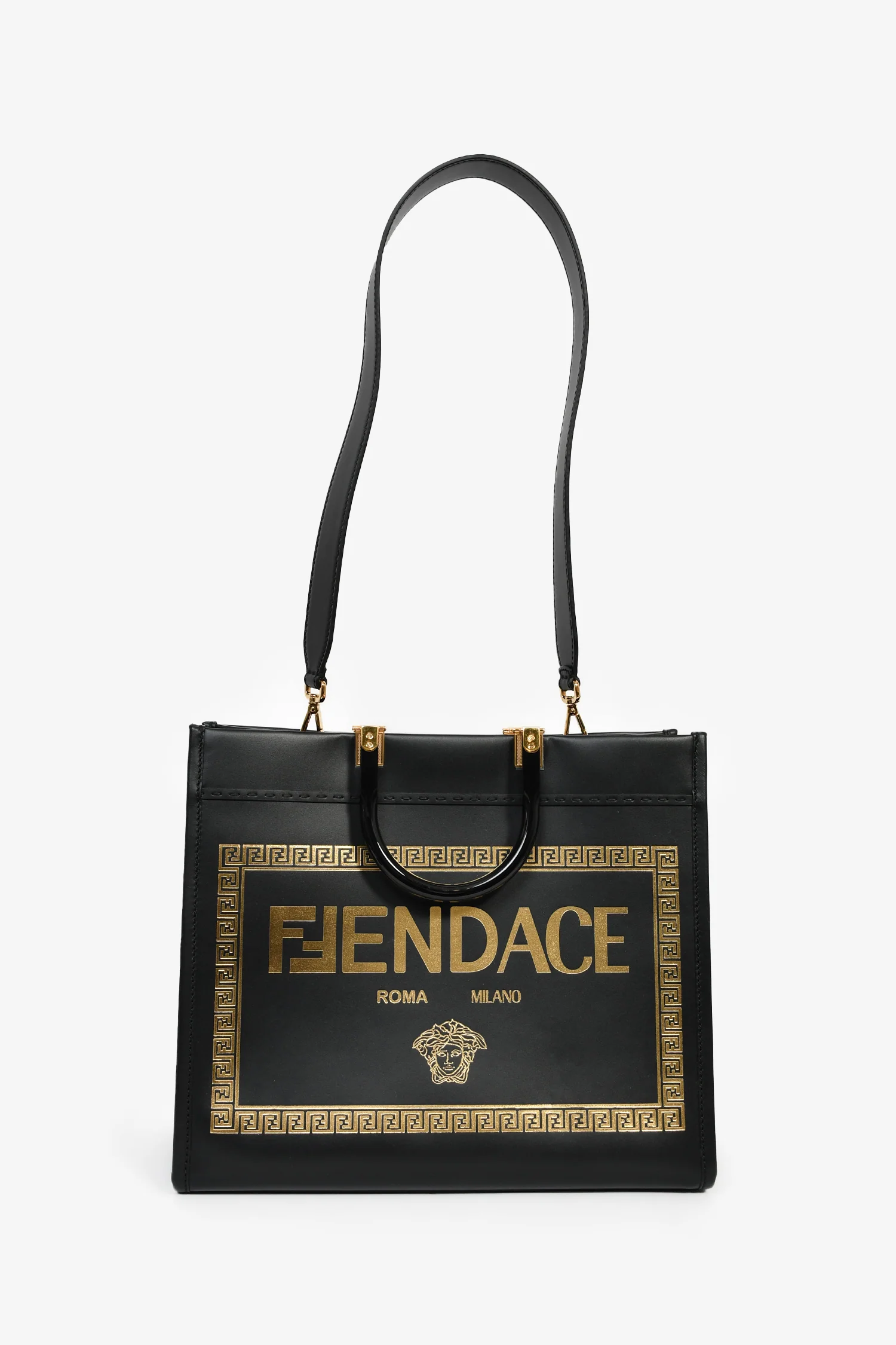 Fendi x Versace Black Leather 'Fendace Sunshine Shopper' Tote