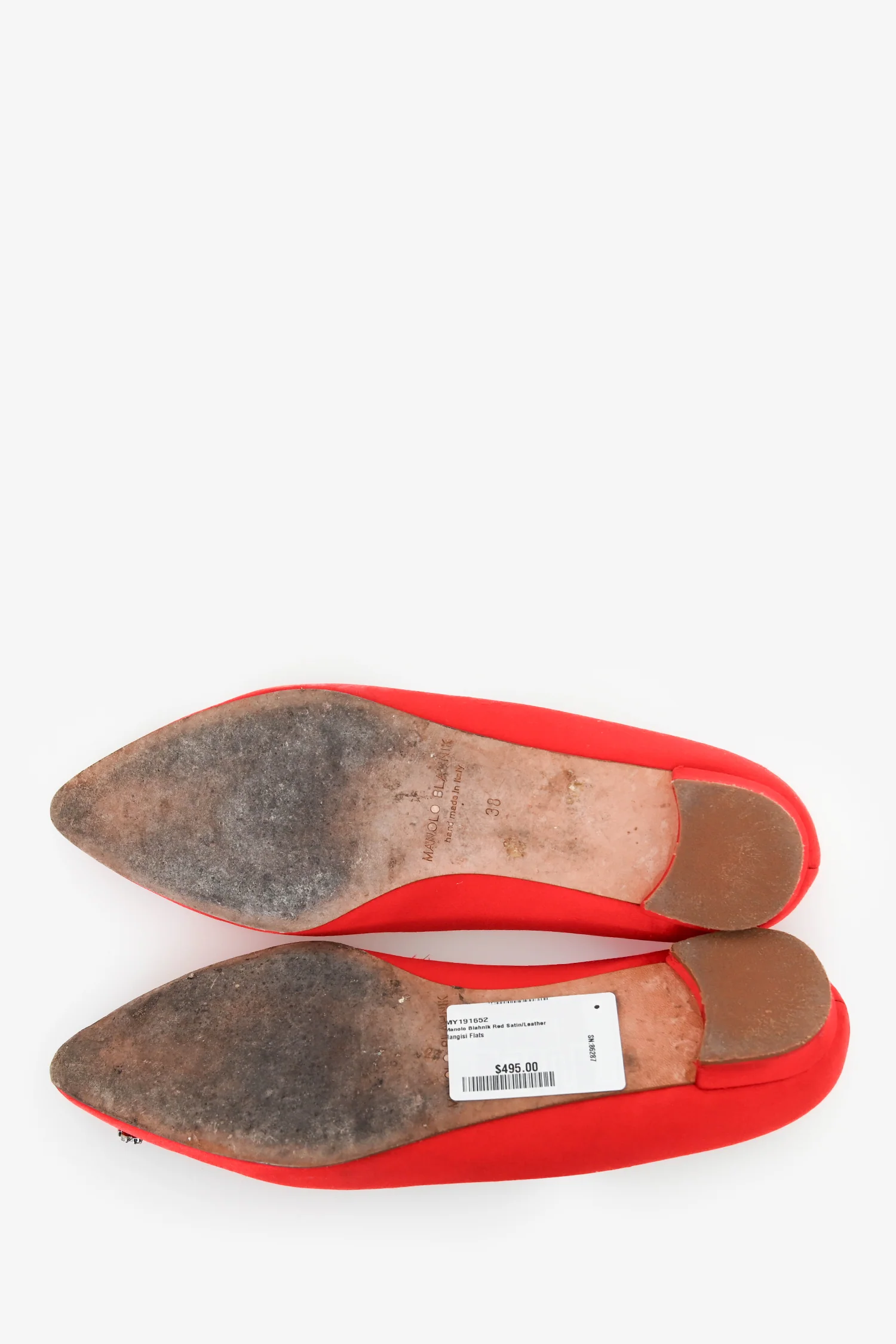 Manolo Blahnik Red Satin/Leather Hangisi Flats Size 38