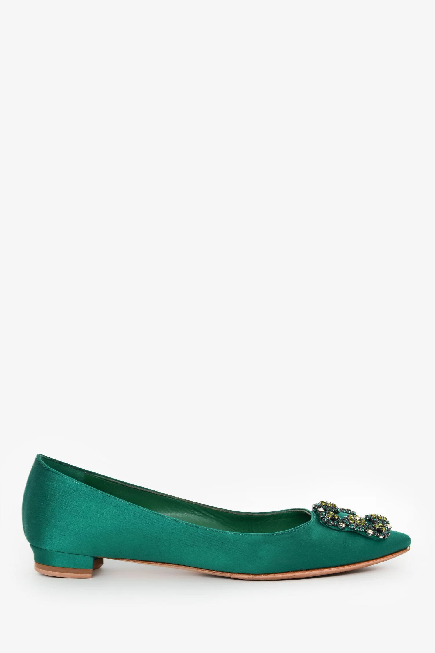 Manolo Blahnik Green Satin/Leather Hangisi Flats Size 38