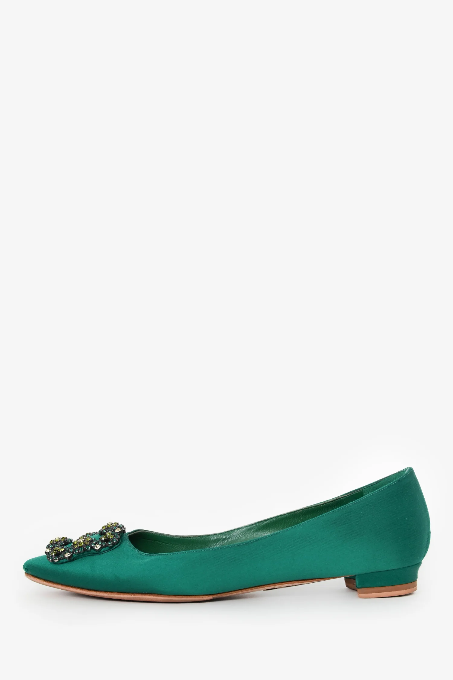 Manolo Blahnik Green Satin/Leather Hangisi Flats Size 38