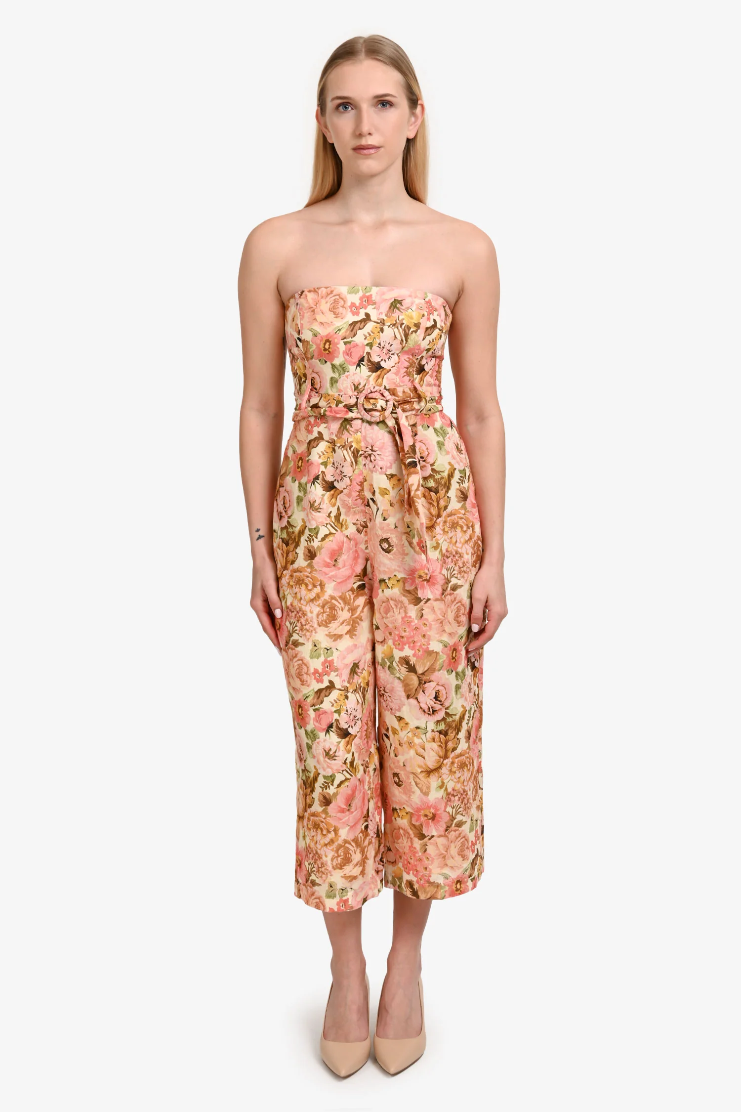 Zimmermann Pink/Tan Linen Floral Belted Strapless Pansuit Size 2