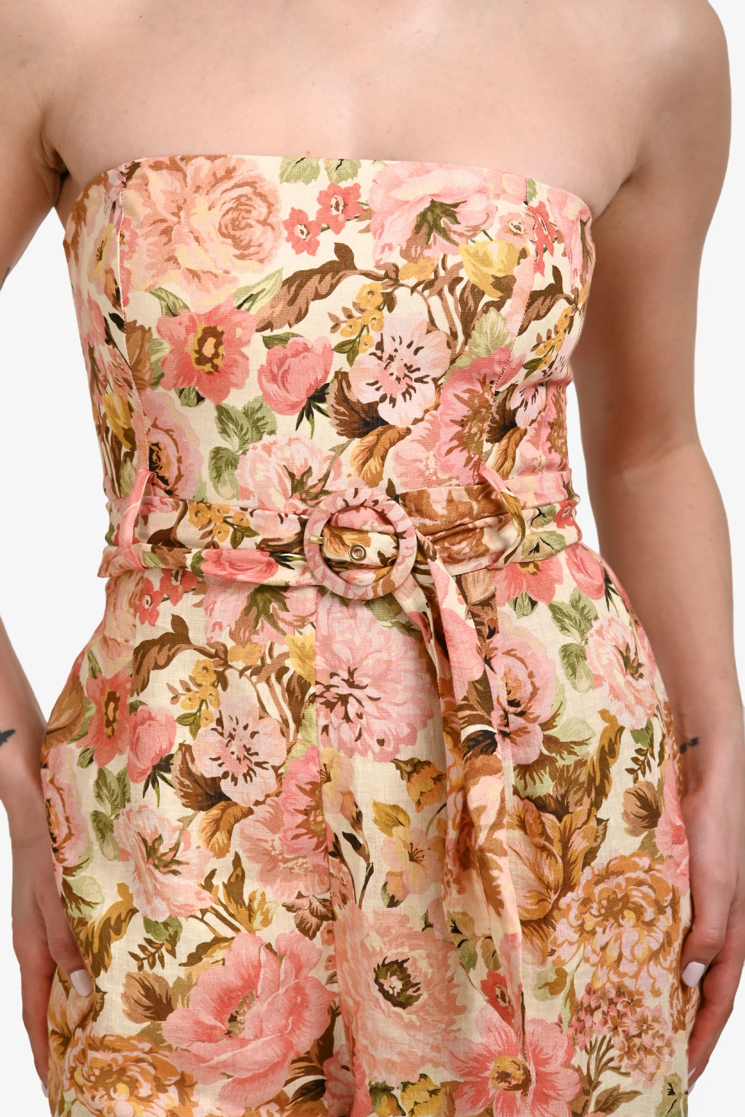 Zimmermann Pink/Tan Linen Floral Belted Strapless Pansuit Size 2