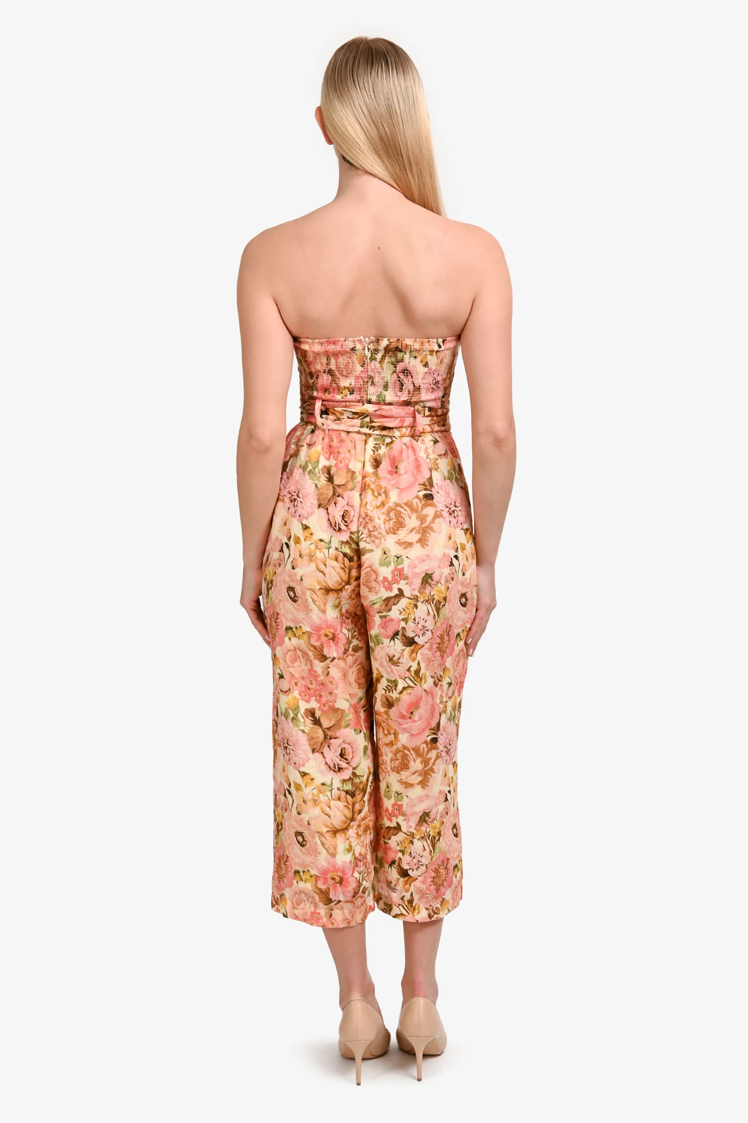 Zimmermann Pink/Tan Linen Floral Belted Strapless Pansuit Size 2