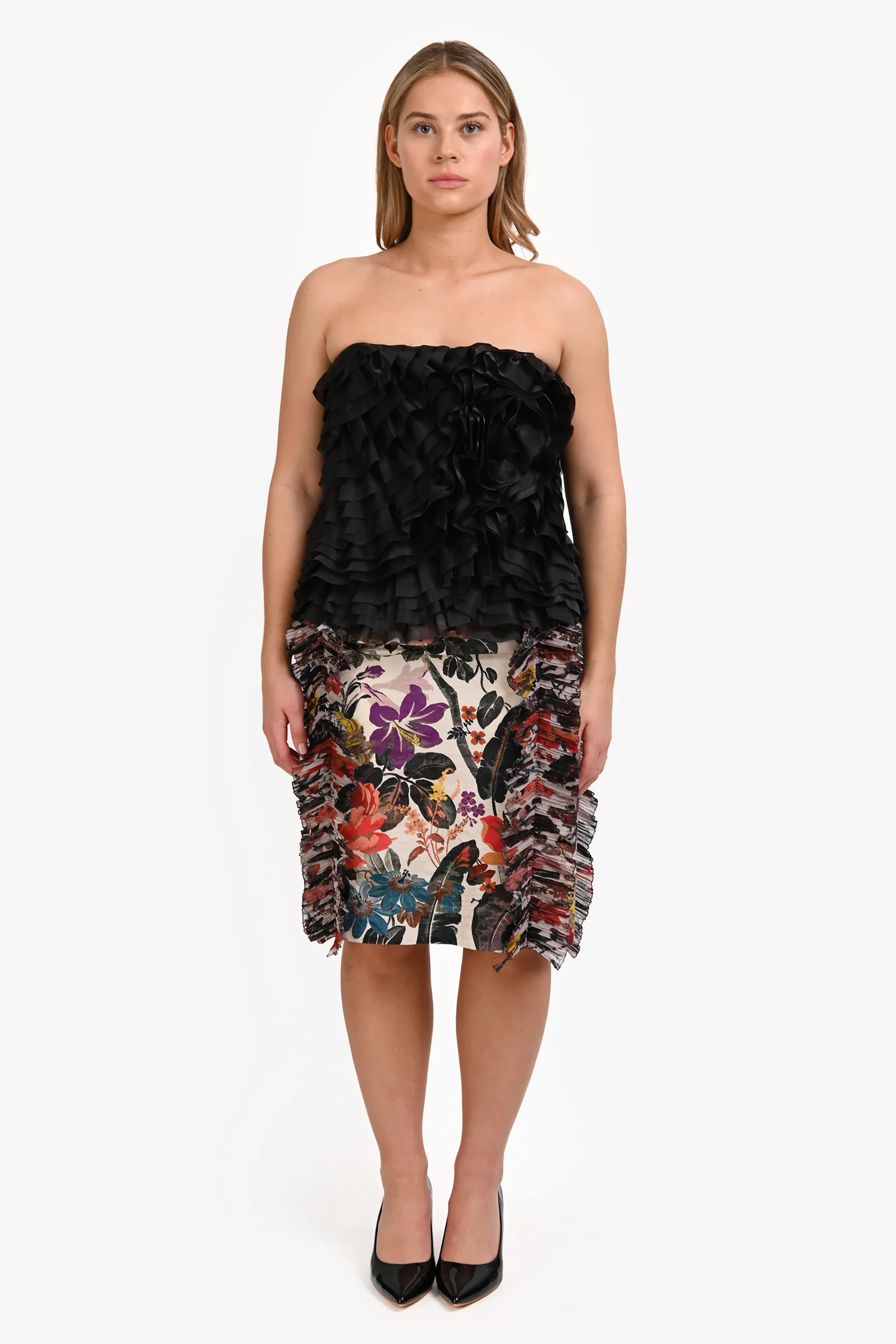 Dries Van Noten White/Multicolour Floral Ruffle Detail Skirt Size 40