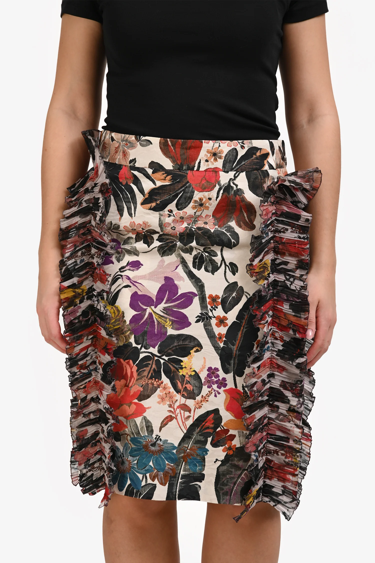 Dries Van Noten White/Multicolour Floral Ruffle Detail Skirt Size 40