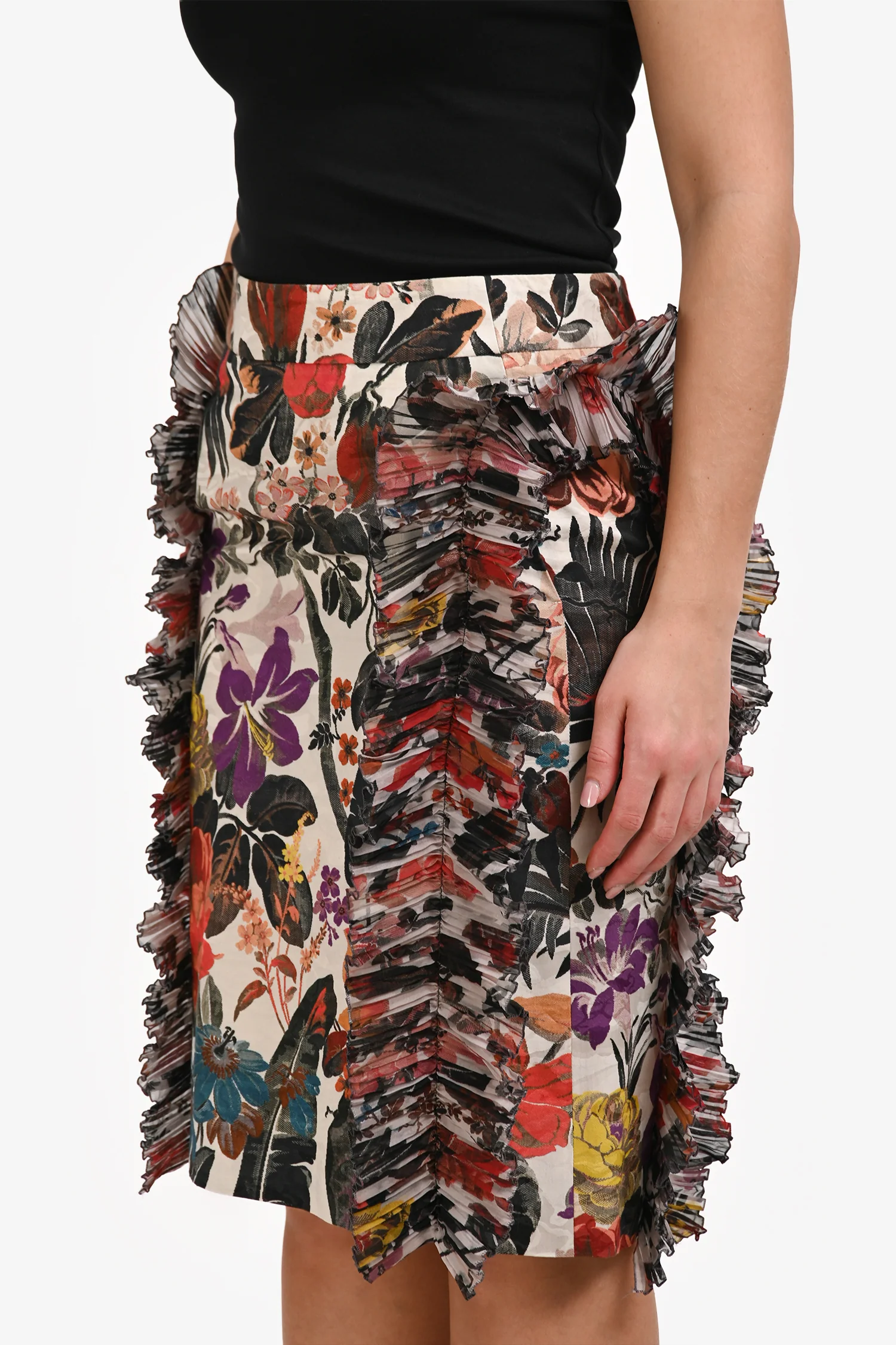 Dries Van Noten White/Multicolour Floral Ruffle Detail Skirt Size 40