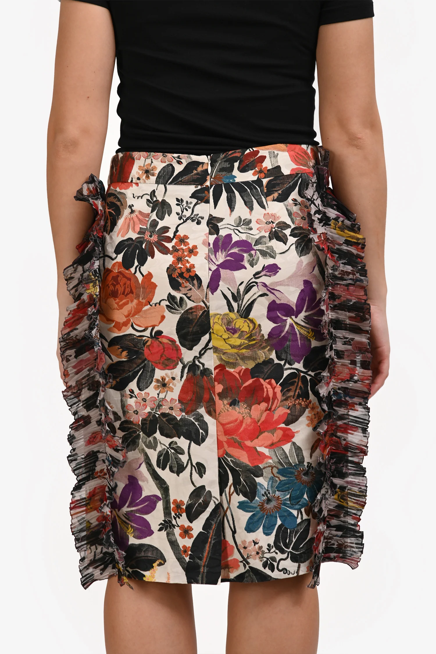 Dries Van Noten White/Multicolour Floral Ruffle Detail Skirt Size 40