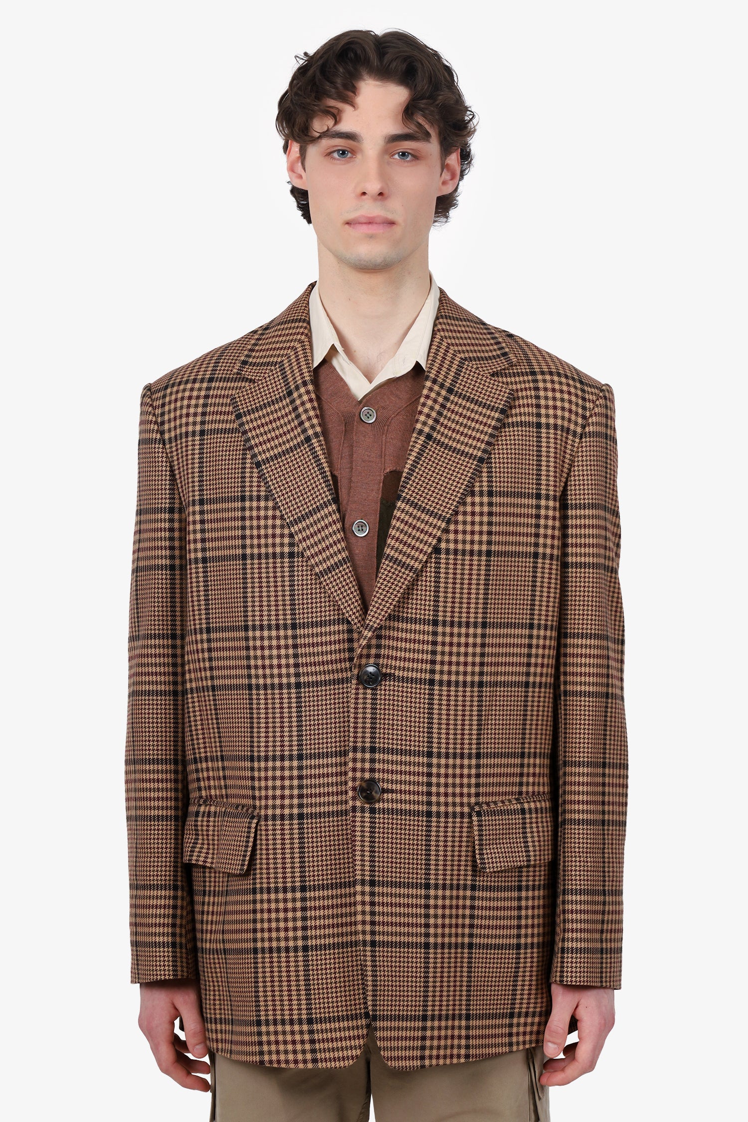 Dries Van Noten Brown Plaid Wool Oversized Blazer Size L Mens