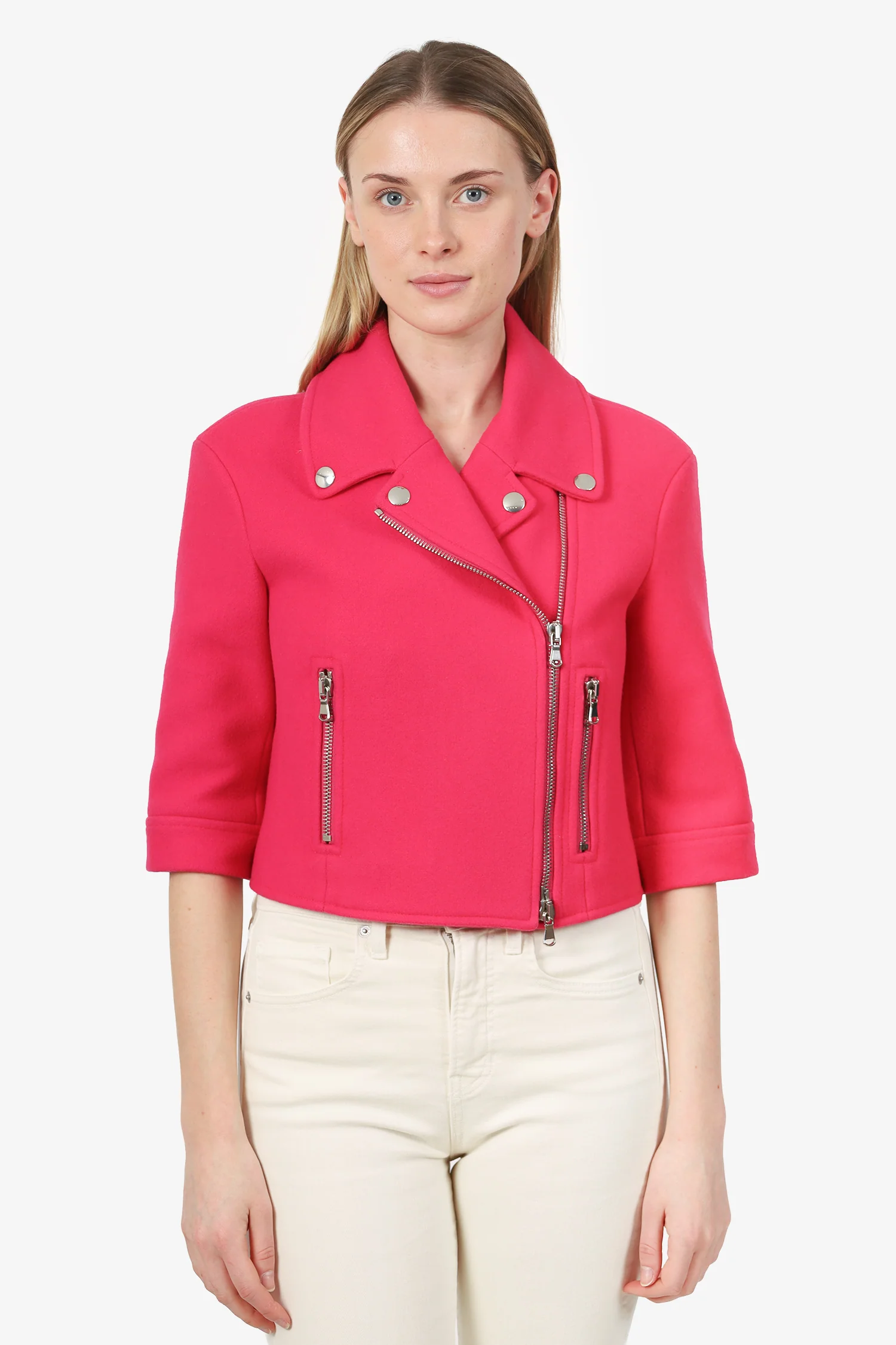 Moschino Couture Pink Wool Cropped 'Jackie-O' Biker Jacket Size 8